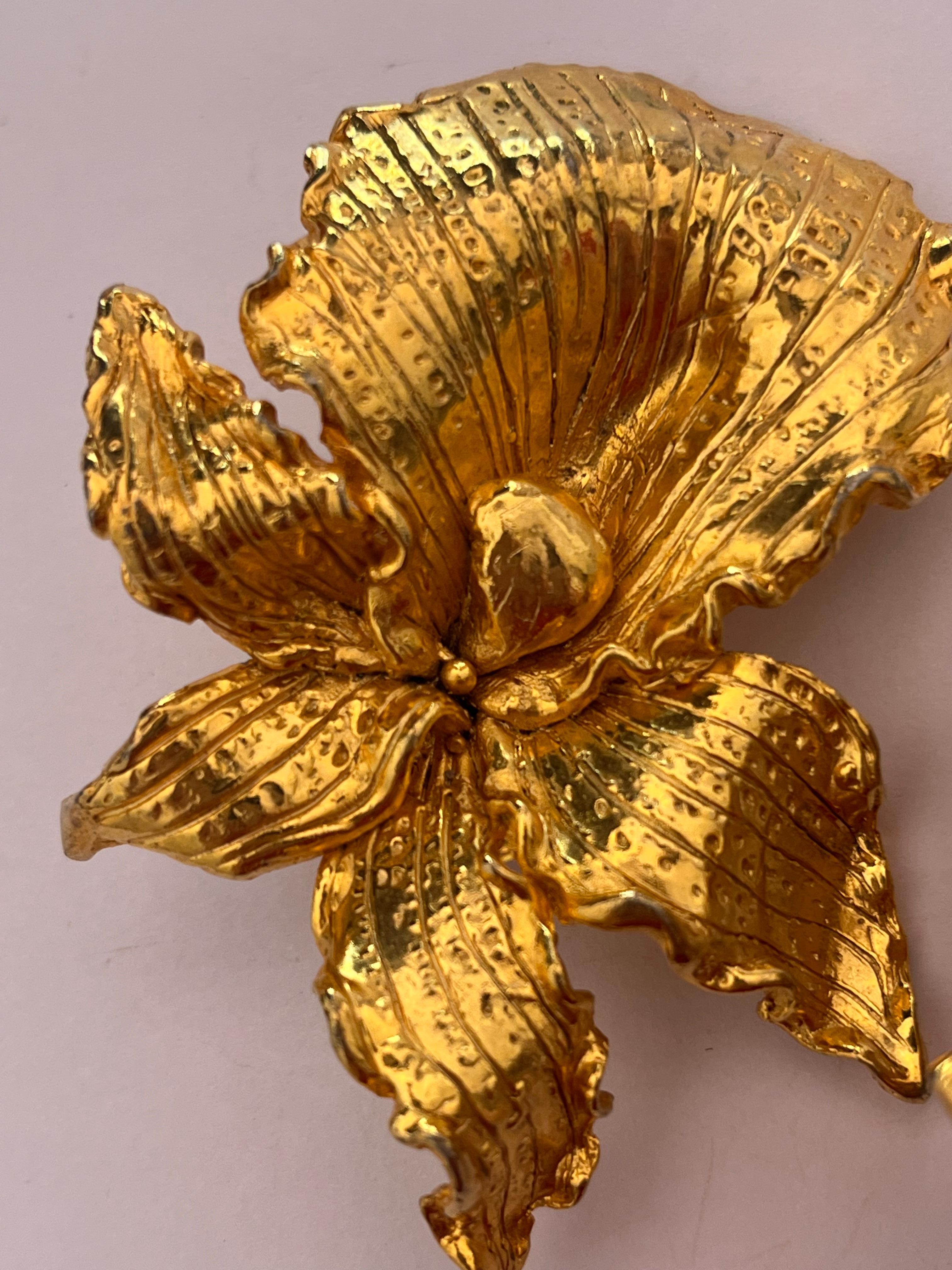 Gold Orchid Clip-on Earrings by Leonard For Sale 1