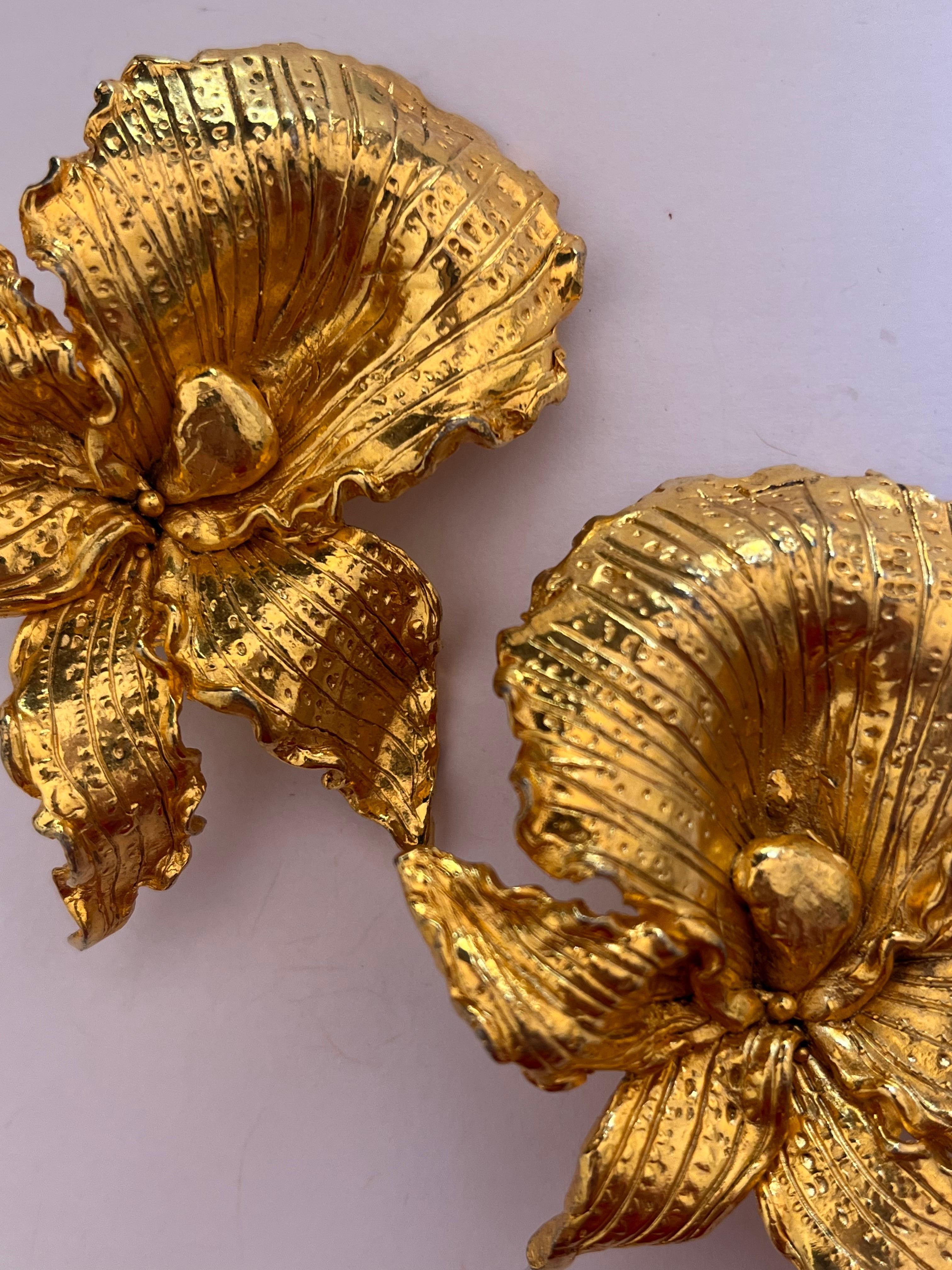 Gold Orchid Clip-on Earrings by Leonard For Sale 2