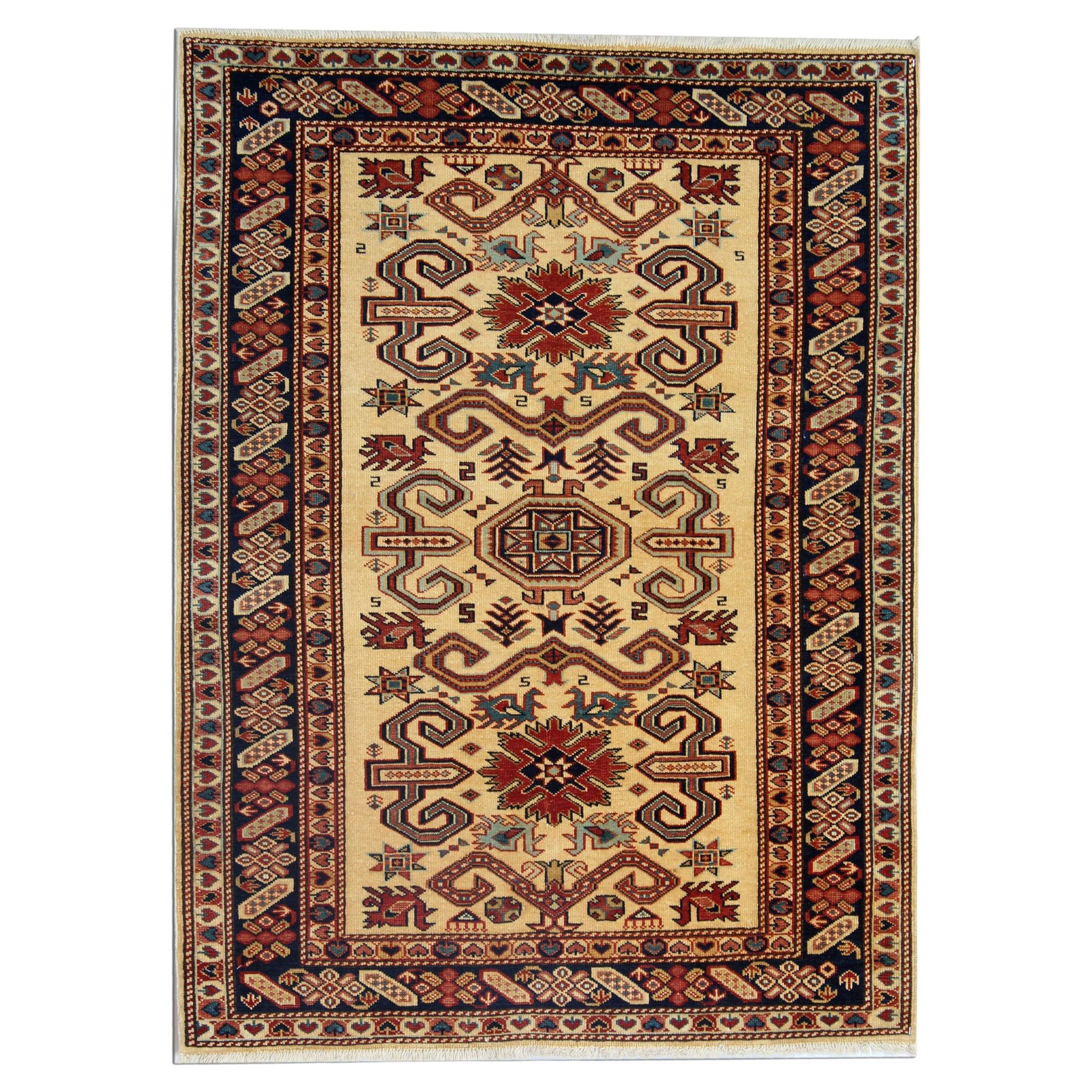 Gold Oriental Rug Geometric Handmade Carpet yellow Rugs for Sale 102 x 135 cm 