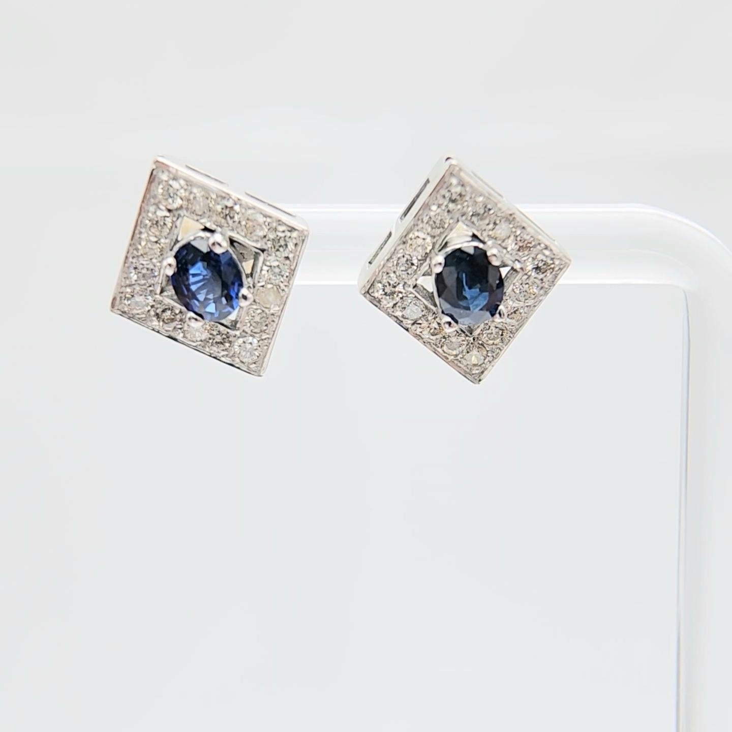 Gold Oval Blue Sapphire Earring Studs 14 Karat White Gold and Diamonds For Sale 5