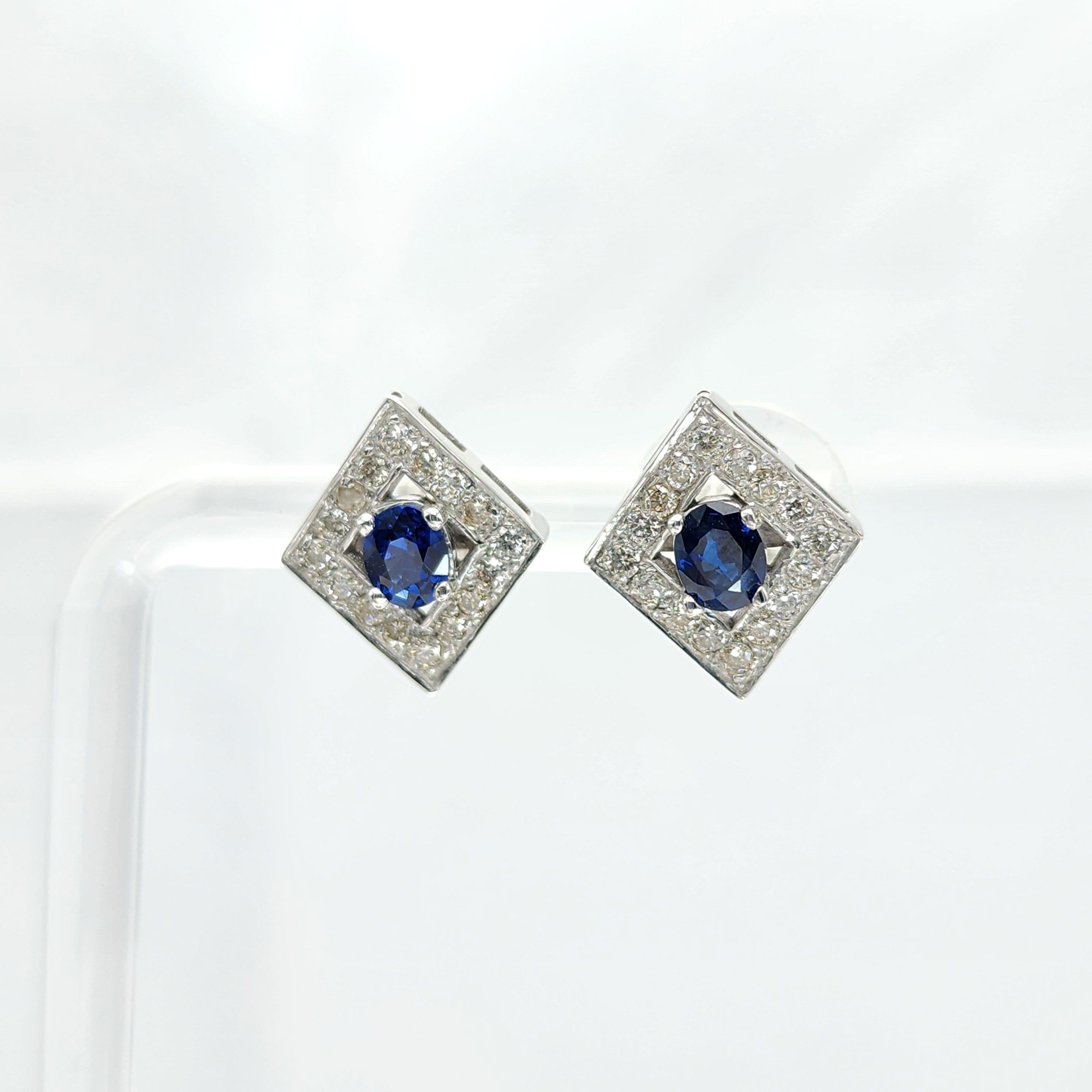 New Natural Sapphire Gem Studs
Oval Shape Blue Sapphire in 
14k White Gold with natural small diamonds
Sapphire 0.80 carat
sapphire quality: basic nice quality on the darker color tone AA
small natural diamond approx 0.50 carat
Gold Weight: approx