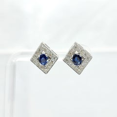 Gold Oval Blue Sapphire Earring Studs 14 Karat White Gold and Diamonds