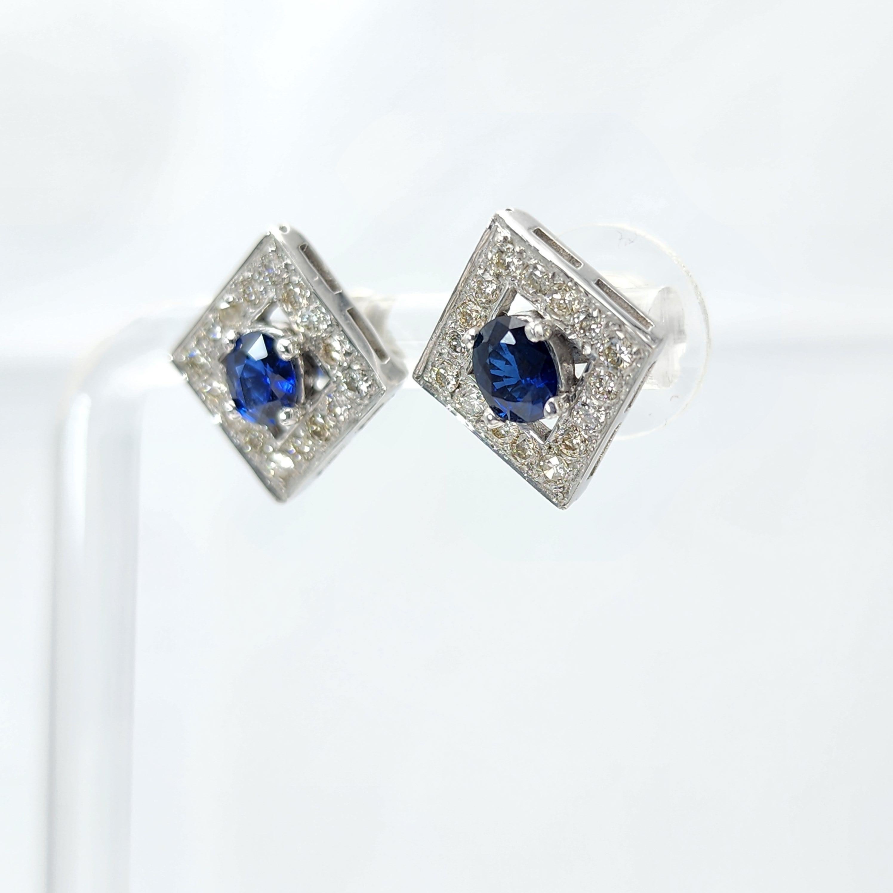Oval Cut Gold Oval Blue Sapphire Earring Studs 14 Karat White Gold and Diamonds For Sale