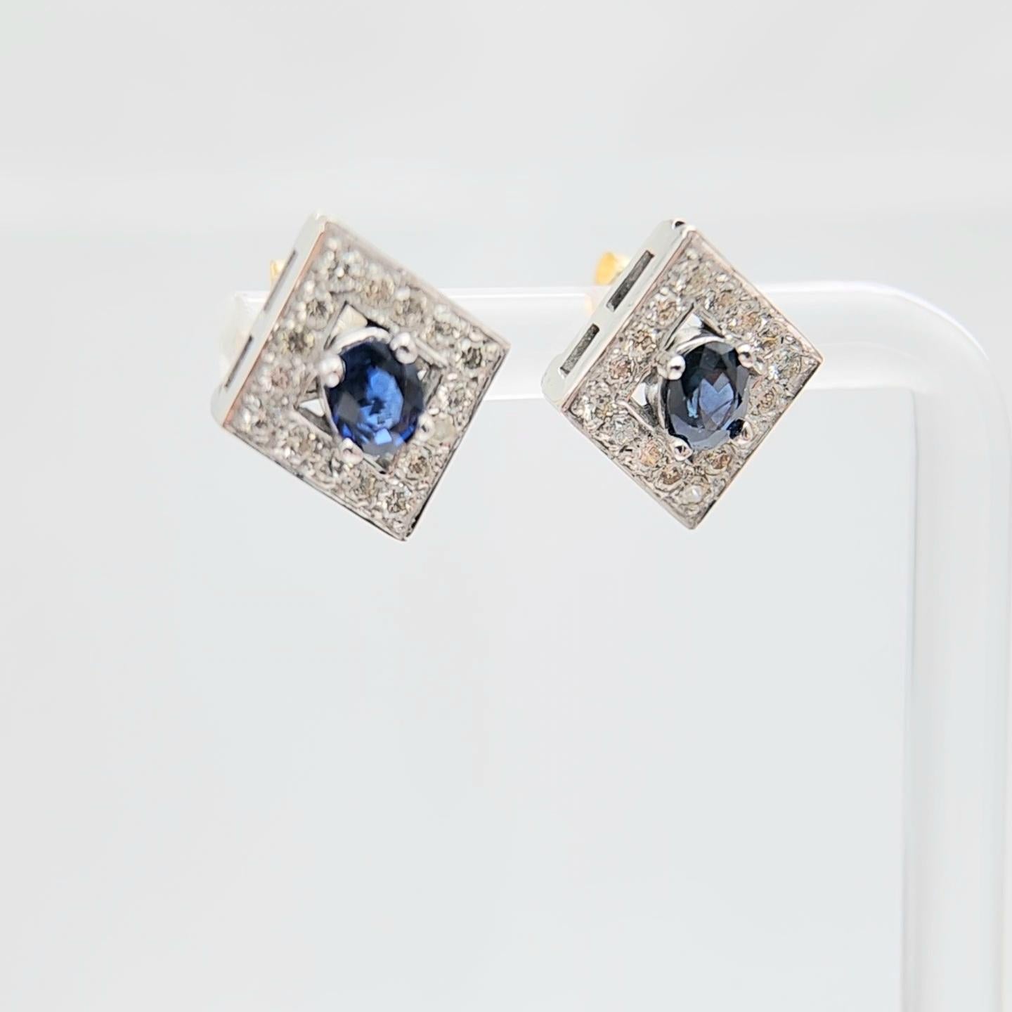 Women's Gold Oval Blue Sapphire Earring Studs 14 Karat White Gold and Diamonds For Sale