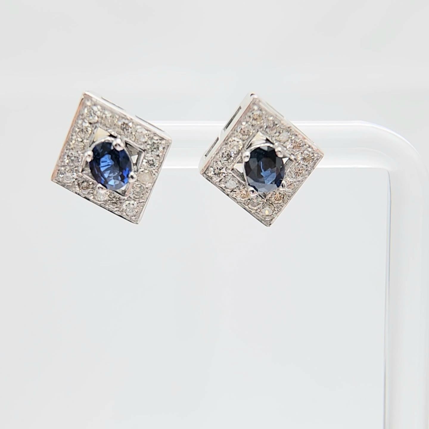 Gold Oval Blue Sapphire Earring Studs 14 Karat White Gold and Diamonds For Sale 1