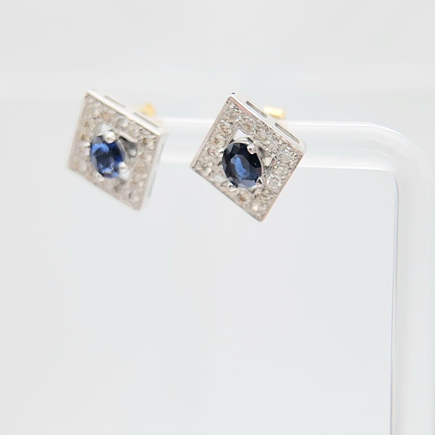 Gold Oval Blue Sapphire Earring Studs 14 Karat White Gold and Diamonds For Sale 2