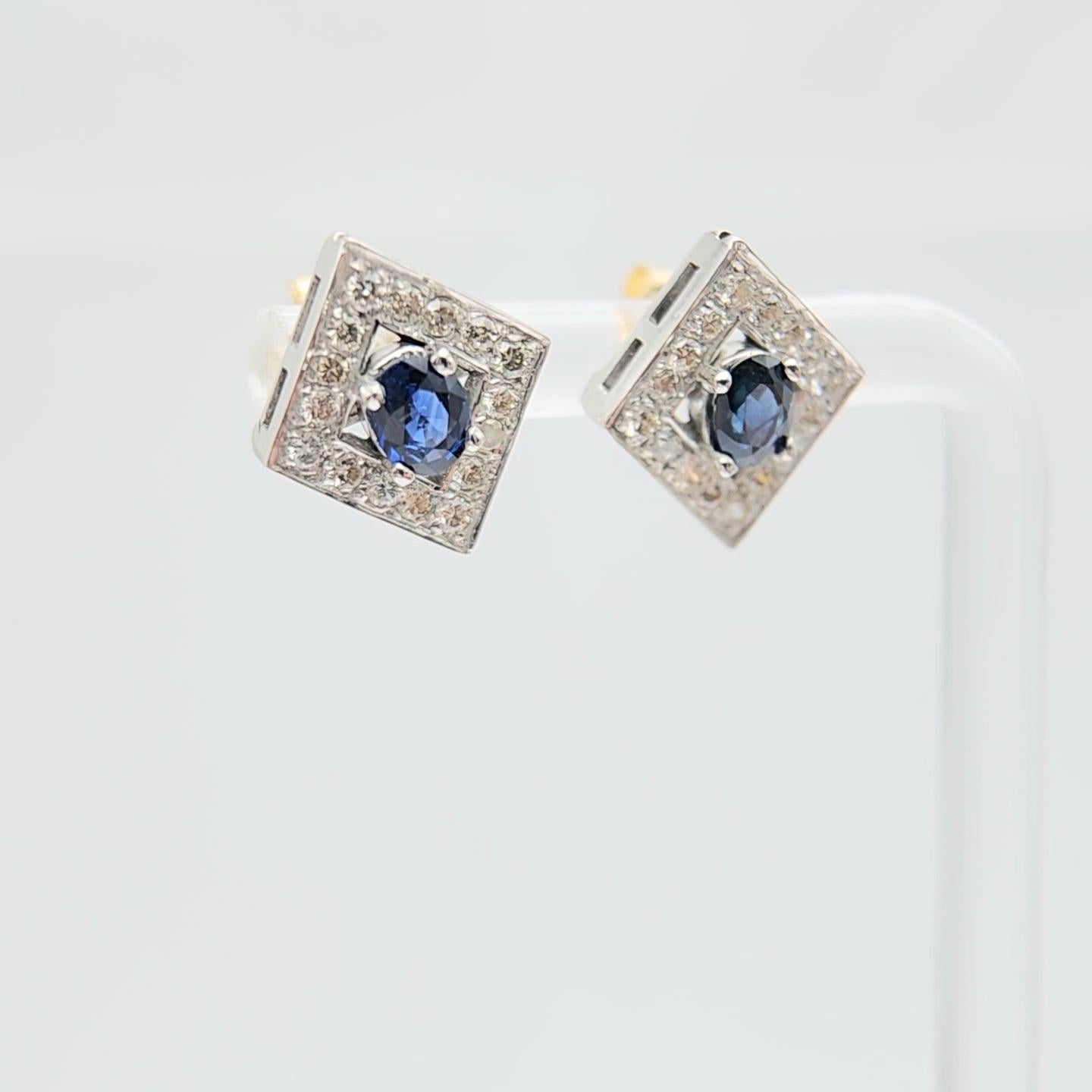Gold Oval Blue Sapphire Earring Studs 14 Karat White Gold and Diamonds For Sale 3
