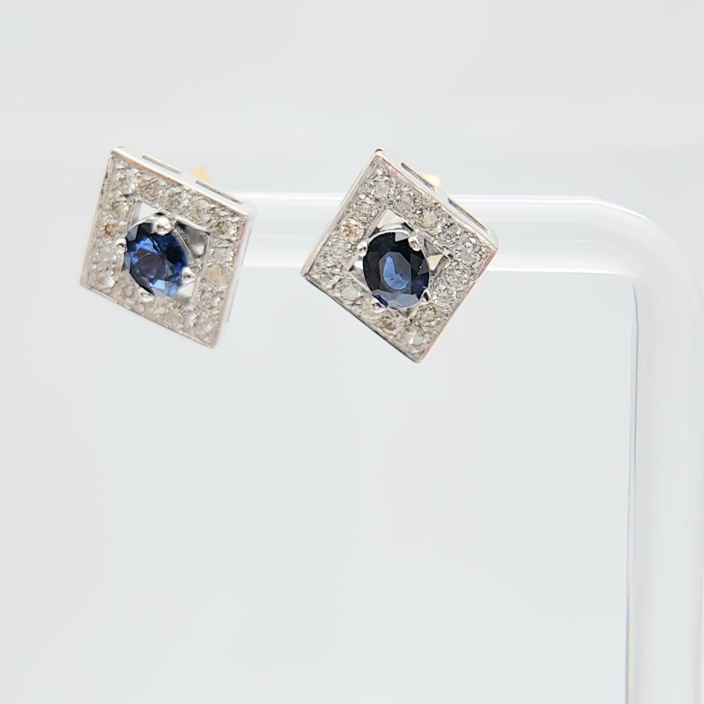 Gold Oval Blue Sapphire Earring Studs 14 Karat White Gold and Diamonds For Sale 4