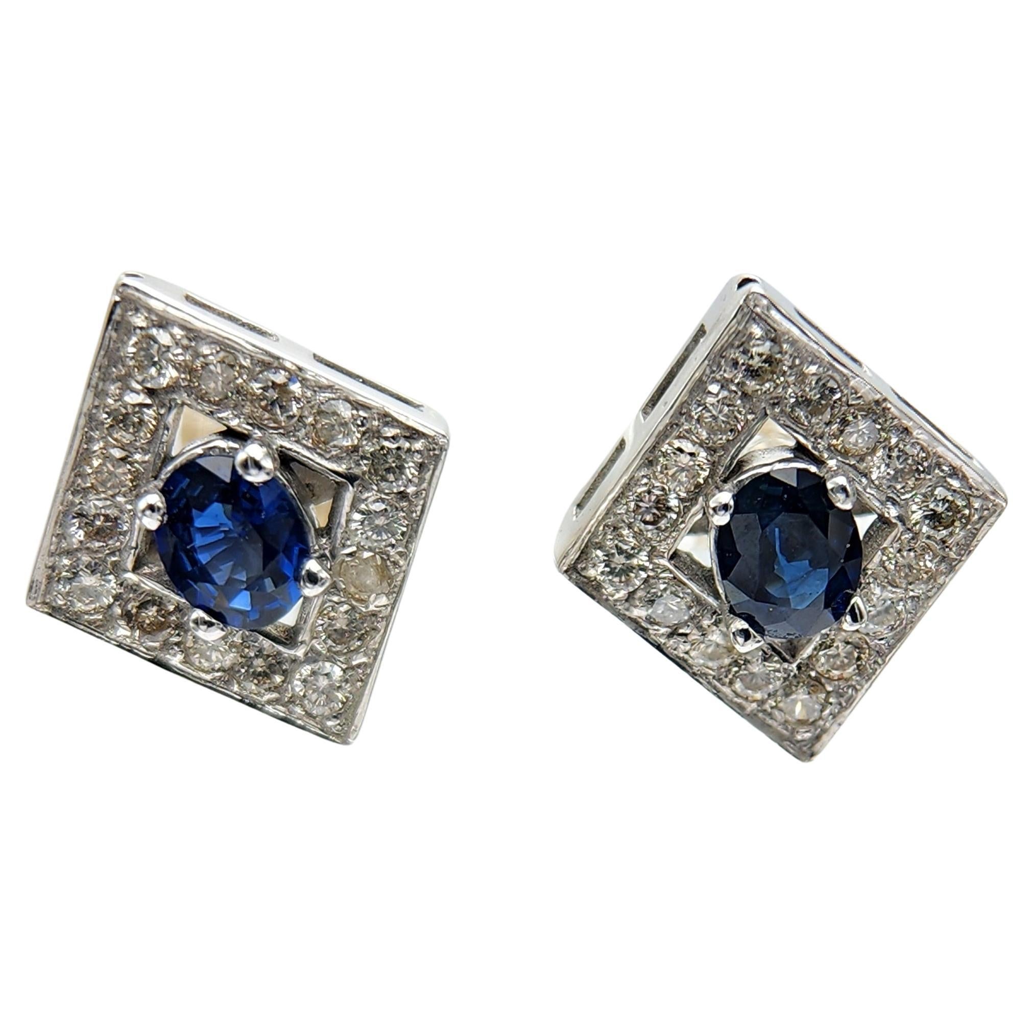 Gold Oval Blue Sapphire Earring Studs 14 Karat White Gold and Diamonds