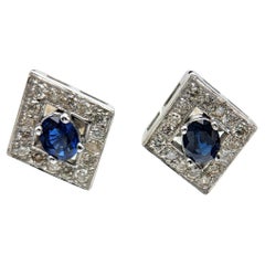 Gold Oval Blue Sapphire Earring Studs 14 Karat White Gold and Diamonds