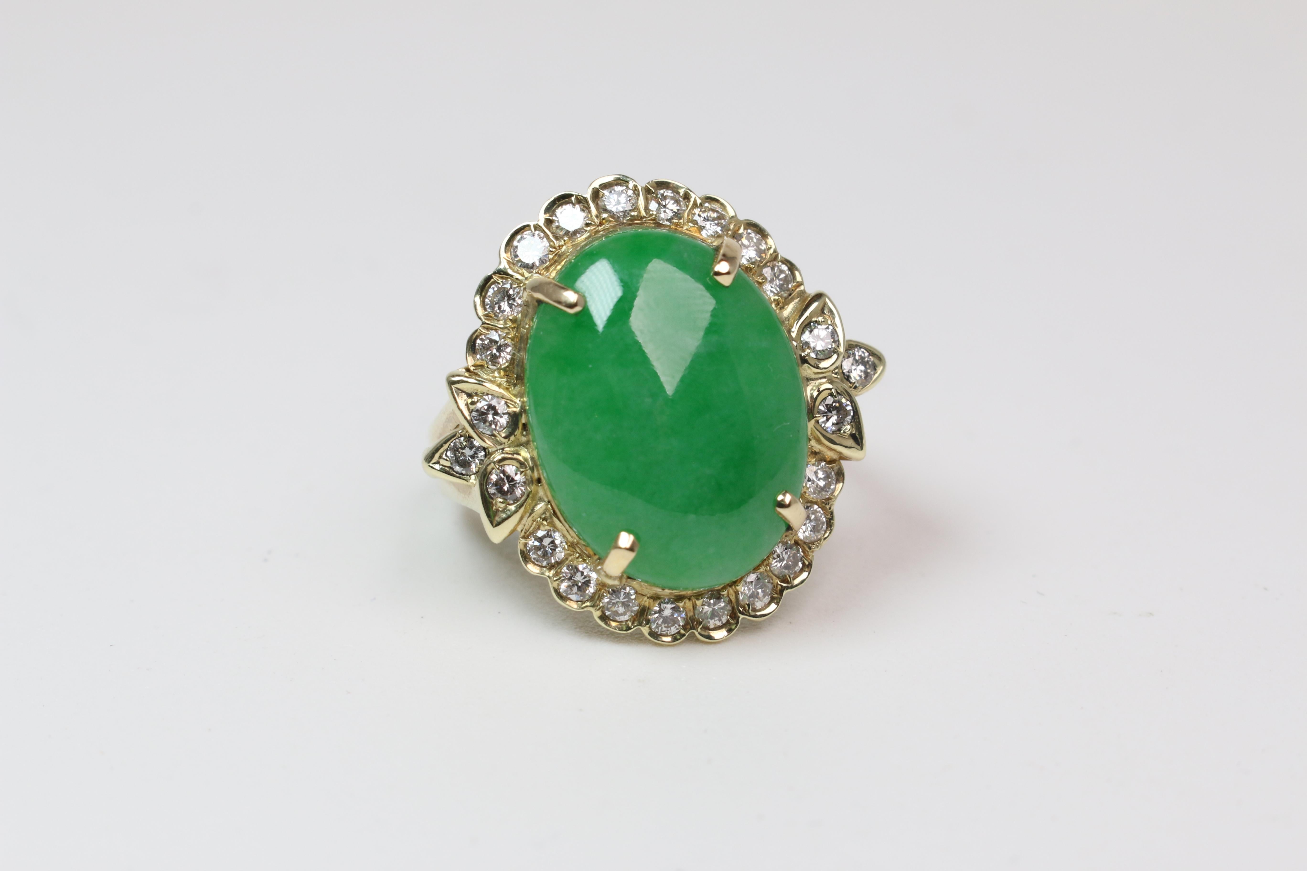 Oval Cut Gold Oval Jade and Diamond Ring