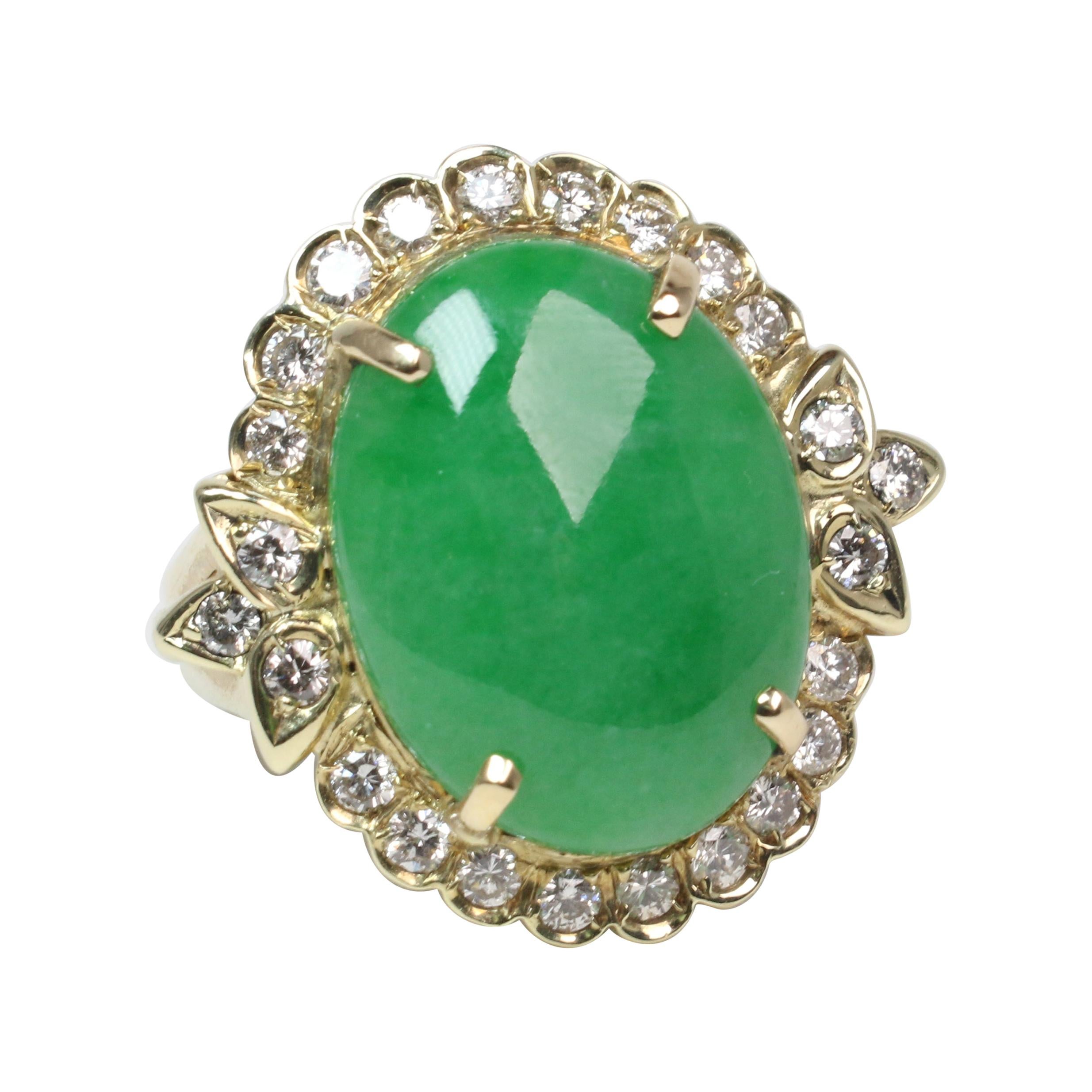 Gold Oval Jade and Diamond Ring