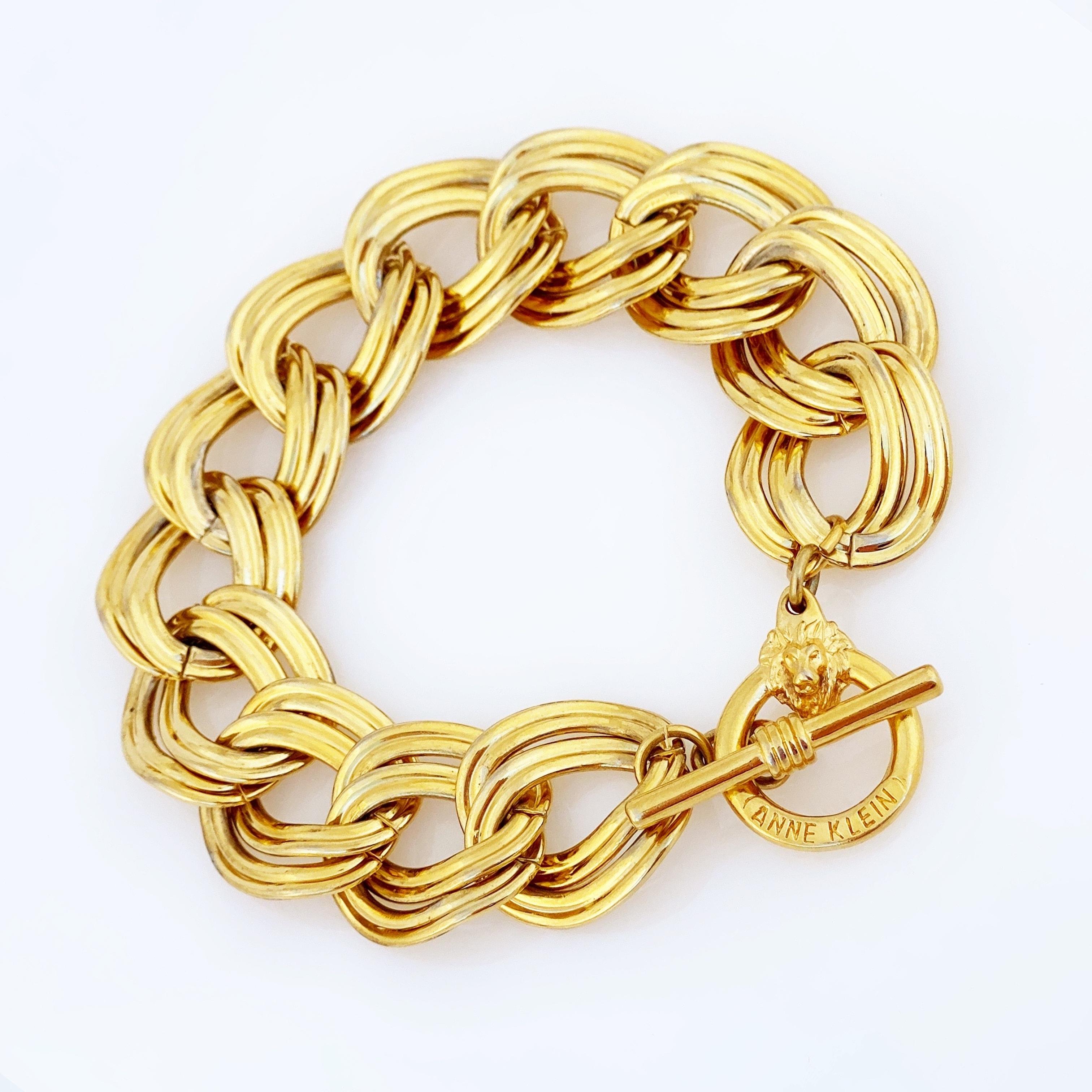 Modern Gold Oval Link Chain Bracelet With Lion Clasp By Anne Klein, 1980s