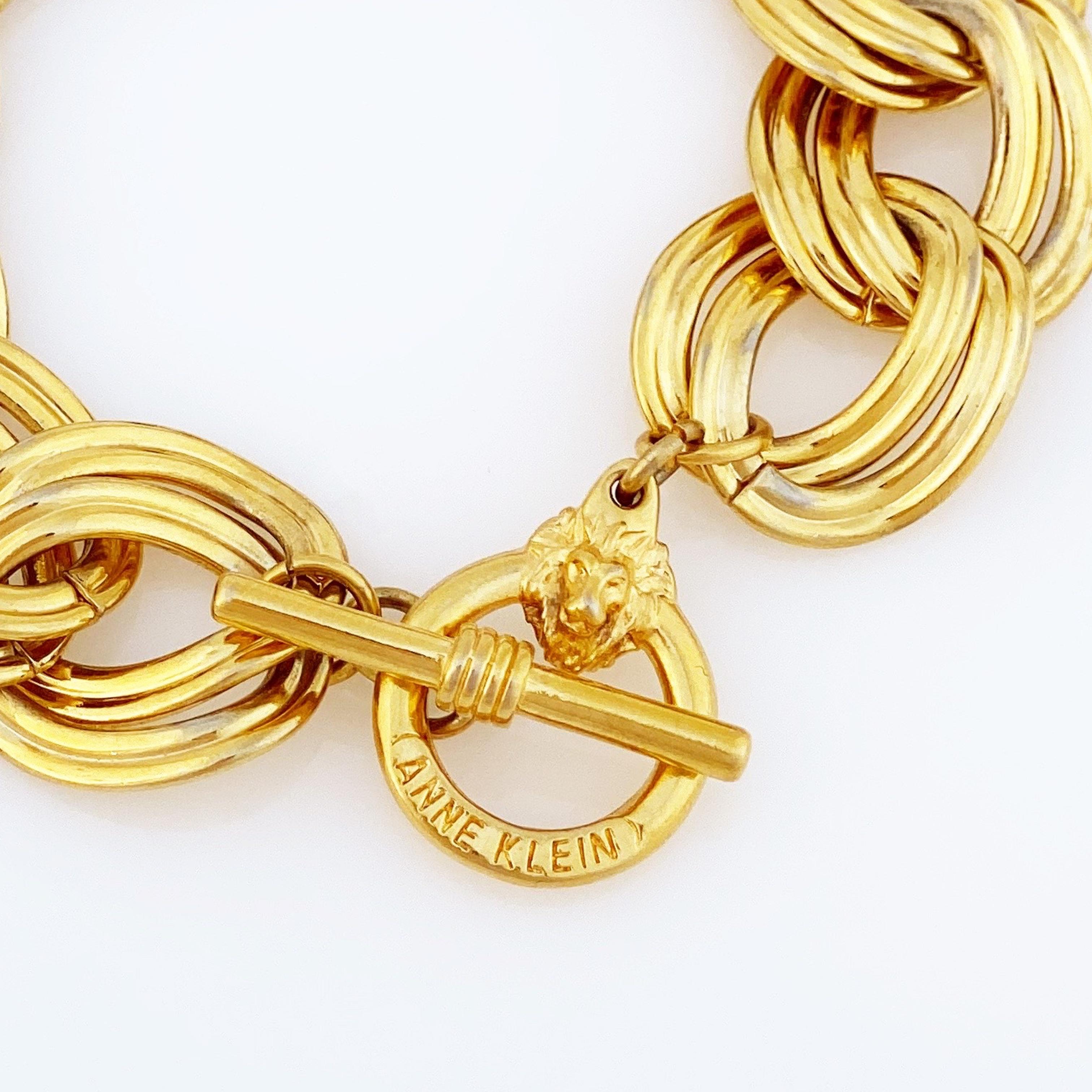 Gold Oval Link Chain Bracelet With Lion Clasp By Anne Klein, 1980s 1