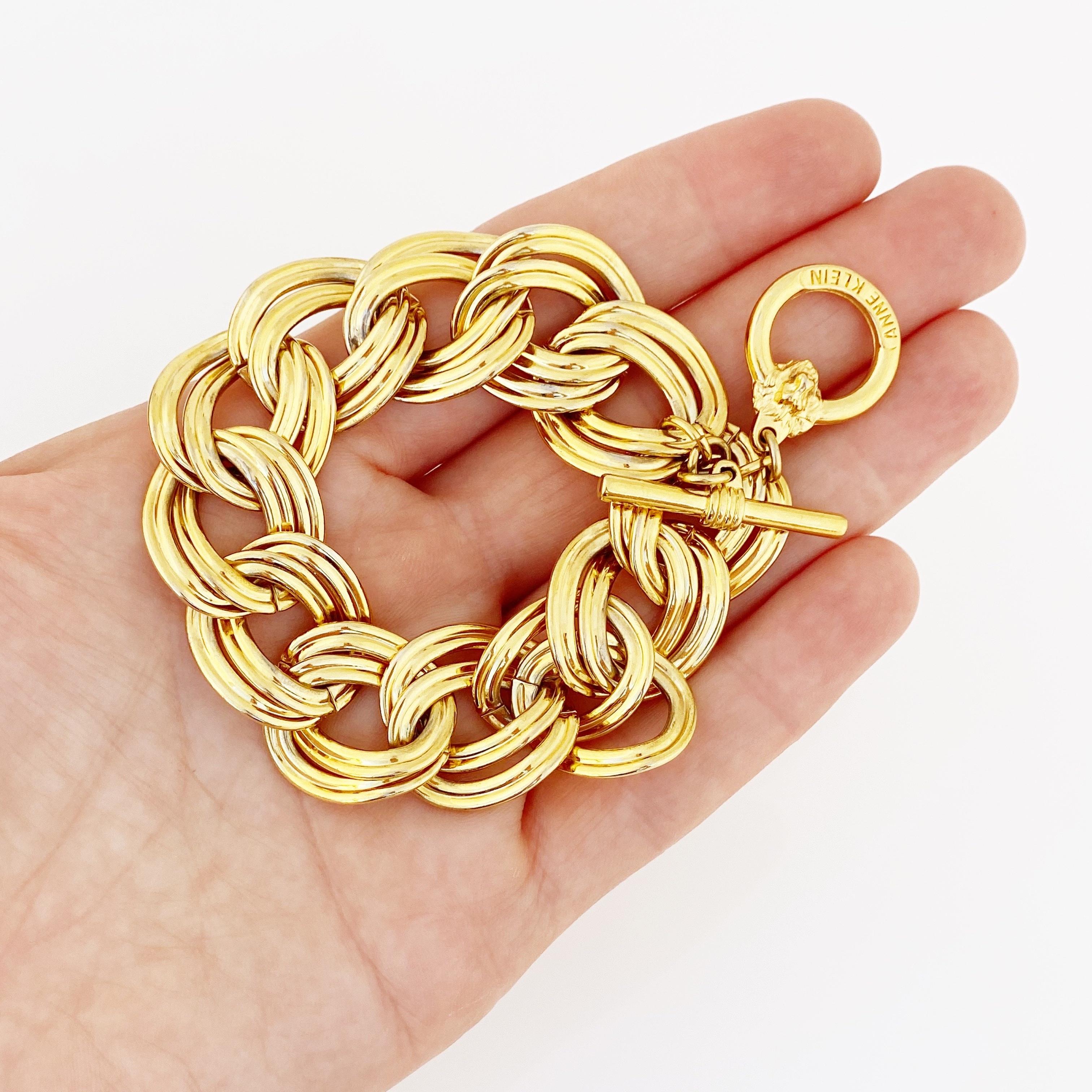 Gold Oval Link Chain Bracelet With Lion Clasp By Anne Klein, 1980s 3