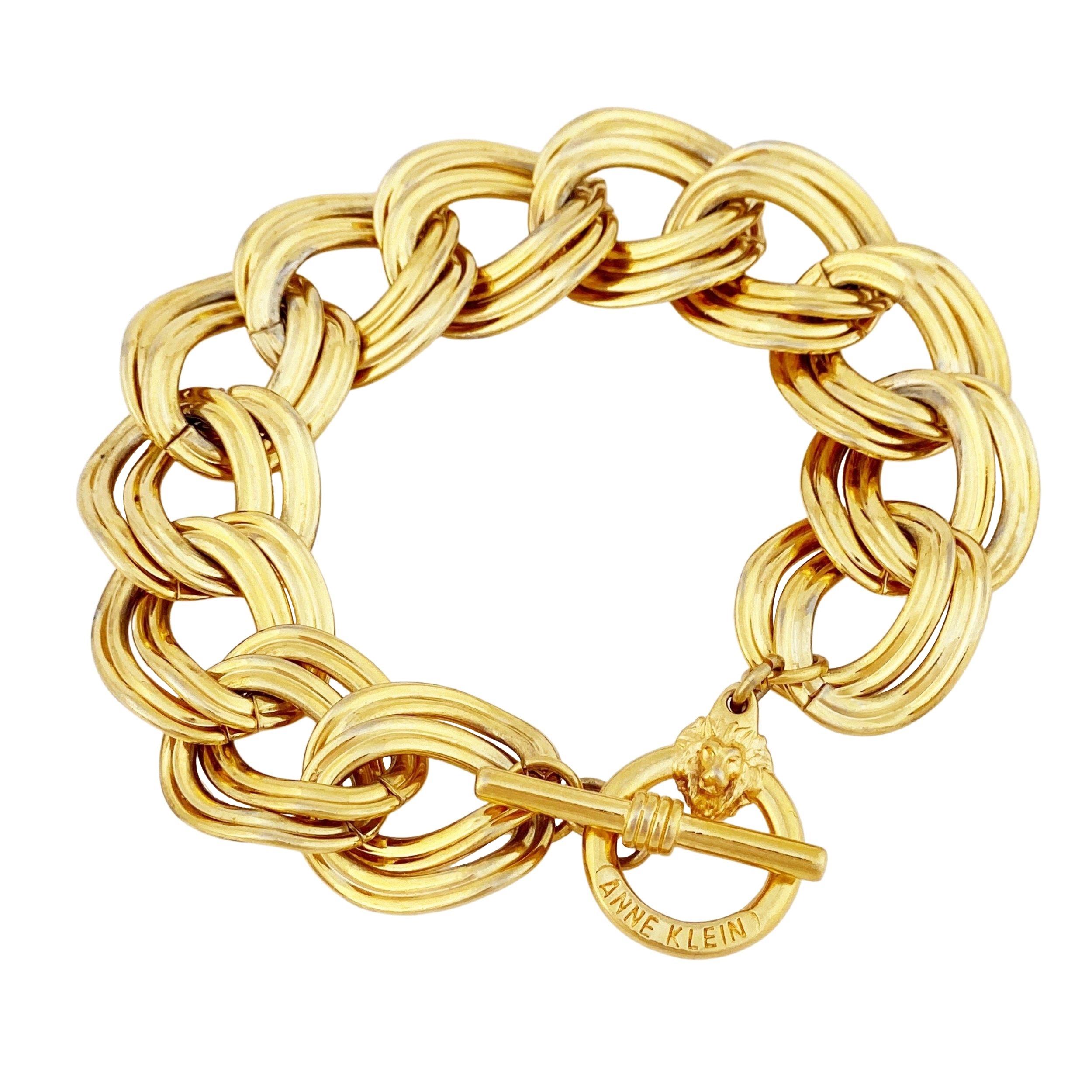 Gold Oval Link Chain Bracelet With Lion Clasp By Anne Klein, 1980s