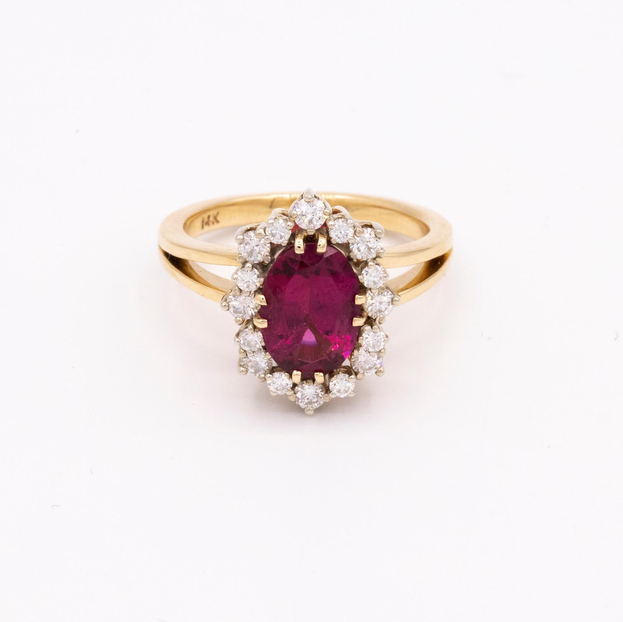Oval Cut Gold Oval Rubellite and Diamond Ring