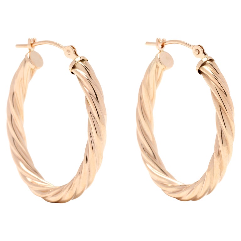 Gold Oval Twist Hoop Earrings, 14k Yellow Gold, Small Gold Hoops For Sale at 1stDibs