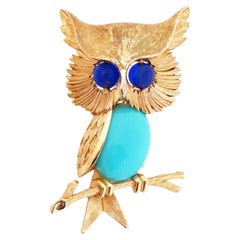 Gold Owl Figural Brooch With Turquoise Belly By Crown Trifari, 1960s