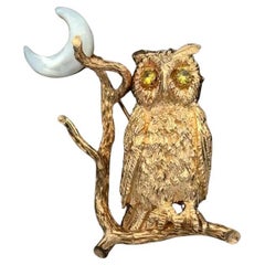 Gold Owl Perched on a Branch Highlighted by a Crescent Moon Vintage Brooch Pin