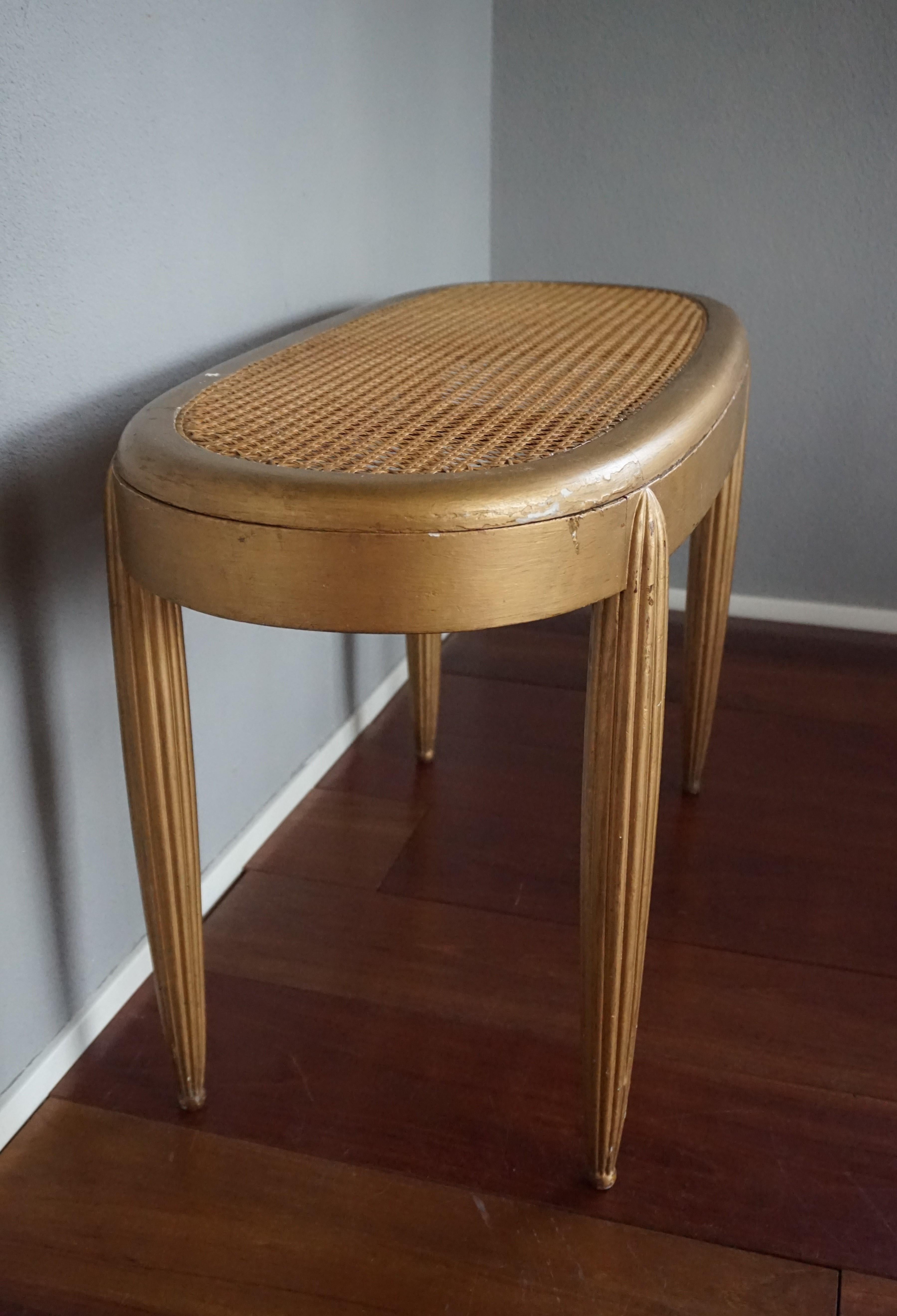 Gold Painted French Art Deco Hall Bench / Stool with Hand-Woven Rattan Webbing For Sale 2