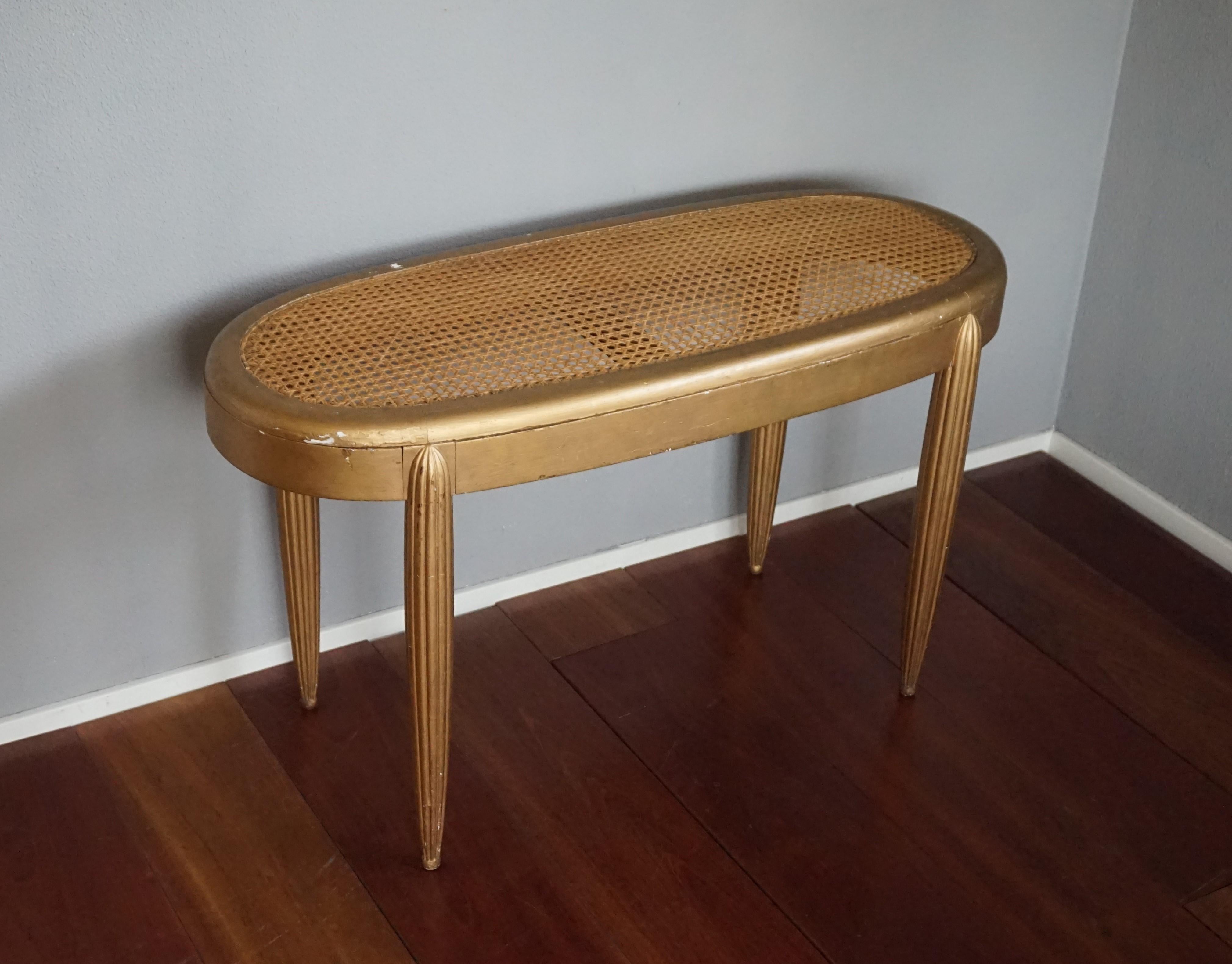 Gold Painted French Art Deco Hall Bench / Stool with Hand-Woven Rattan Webbing For Sale 3