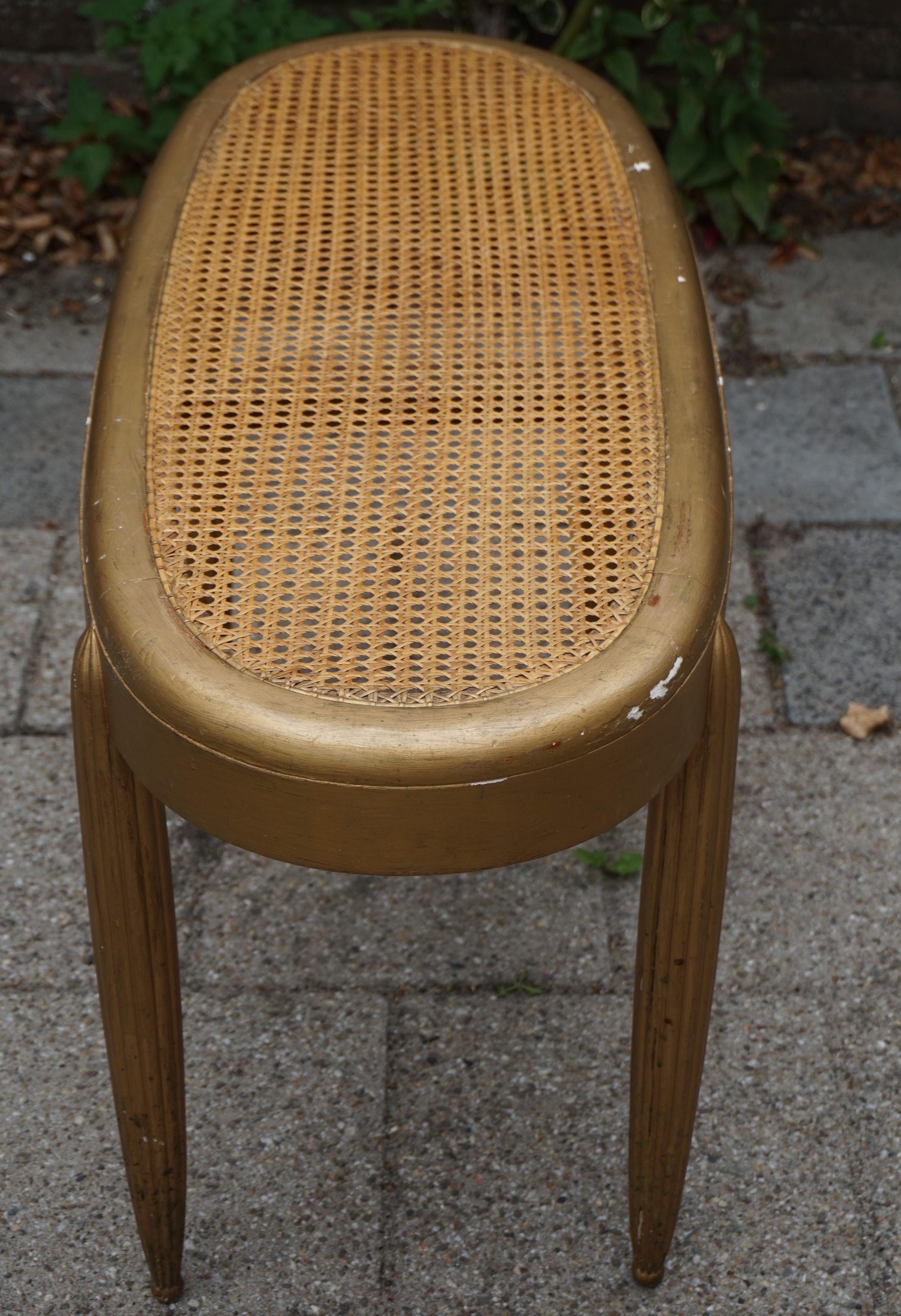 Gold Painted French Art Deco Hall Bench / Stool with Hand-Woven Rattan Webbing In Good Condition For Sale In Lisse, NL