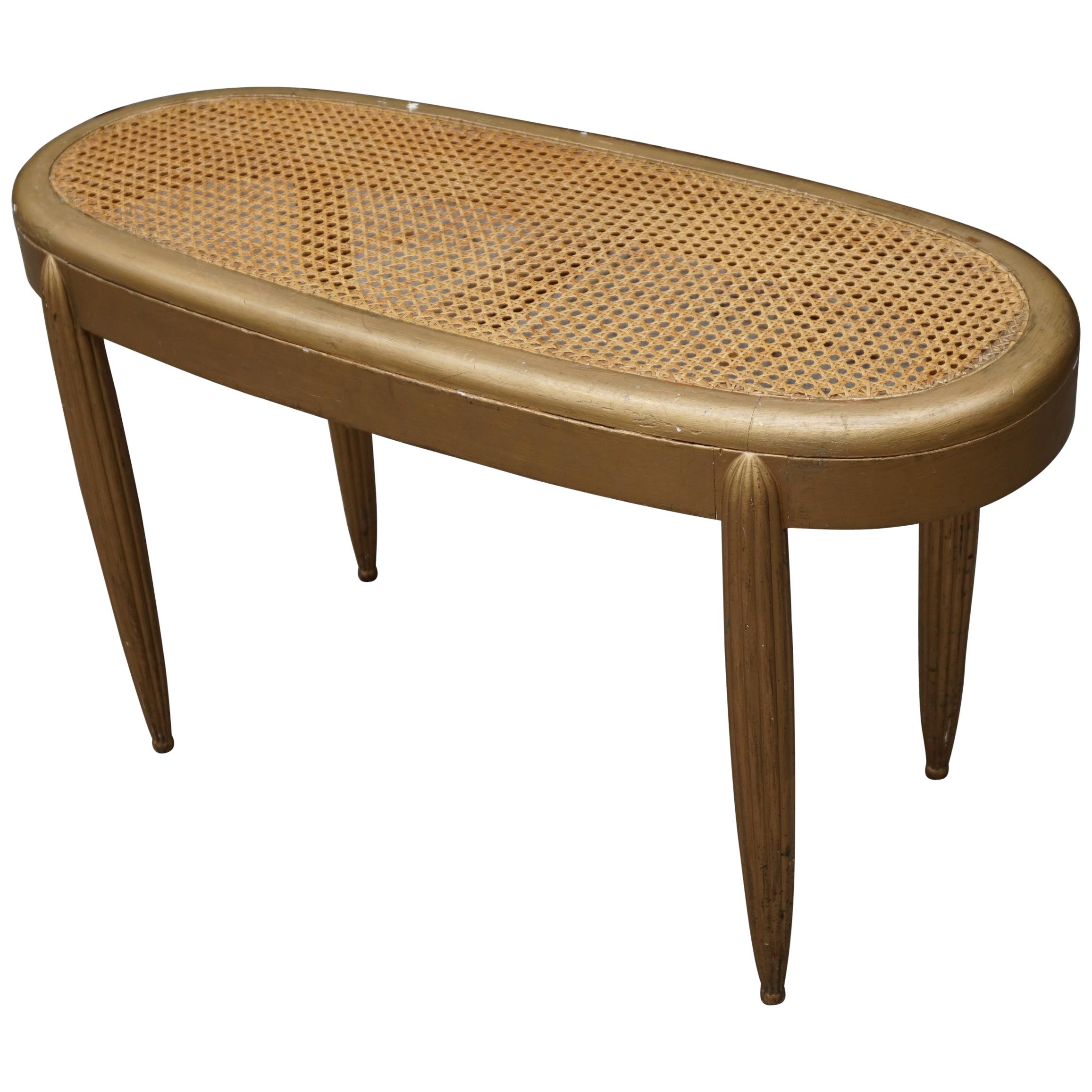 Gold Painted French Art Deco Hall Bench / Stool with Hand-Woven Rattan Webbing