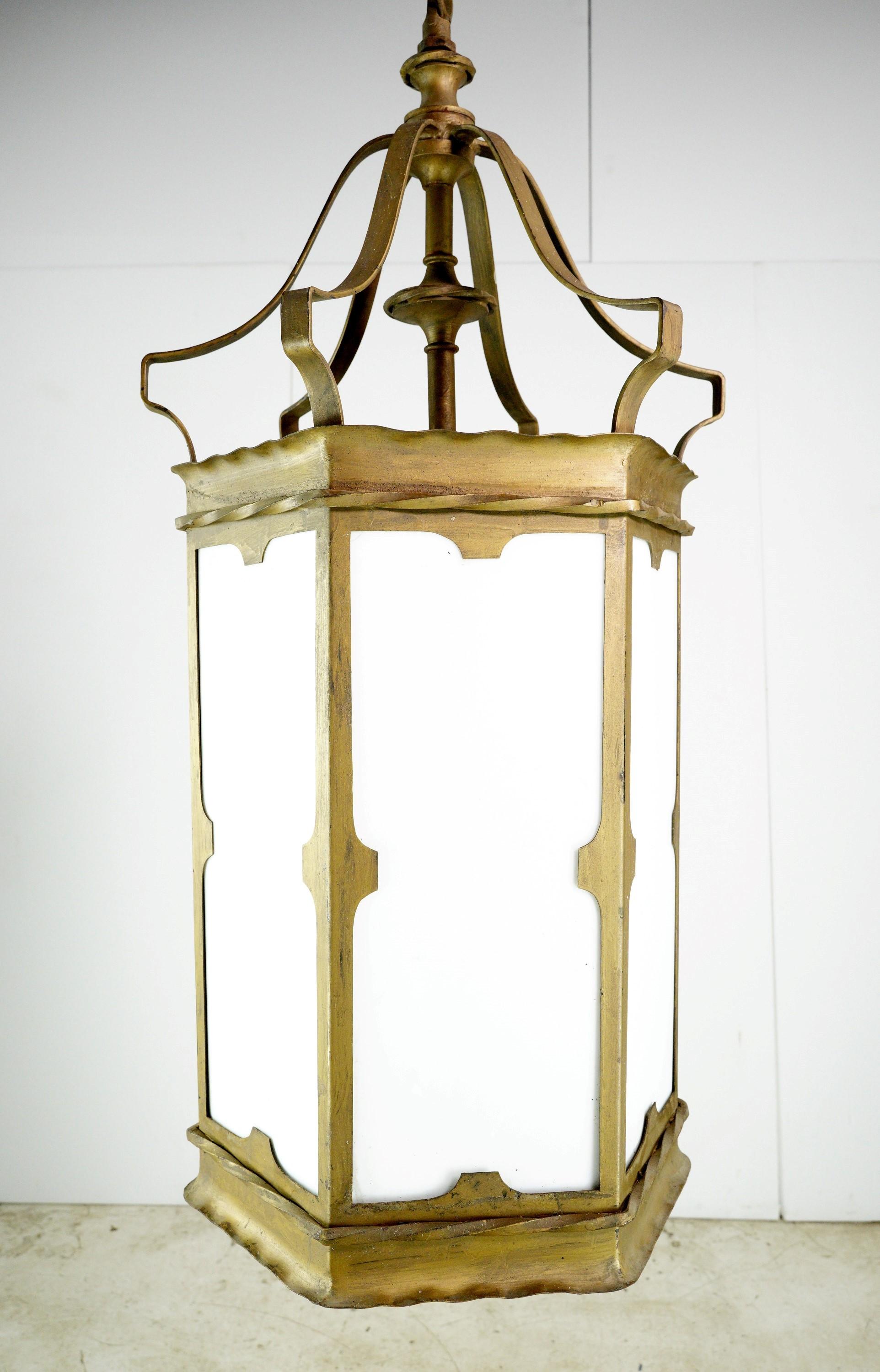 American Gold Painted Hanging Lantern White Glass Panels  For Sale