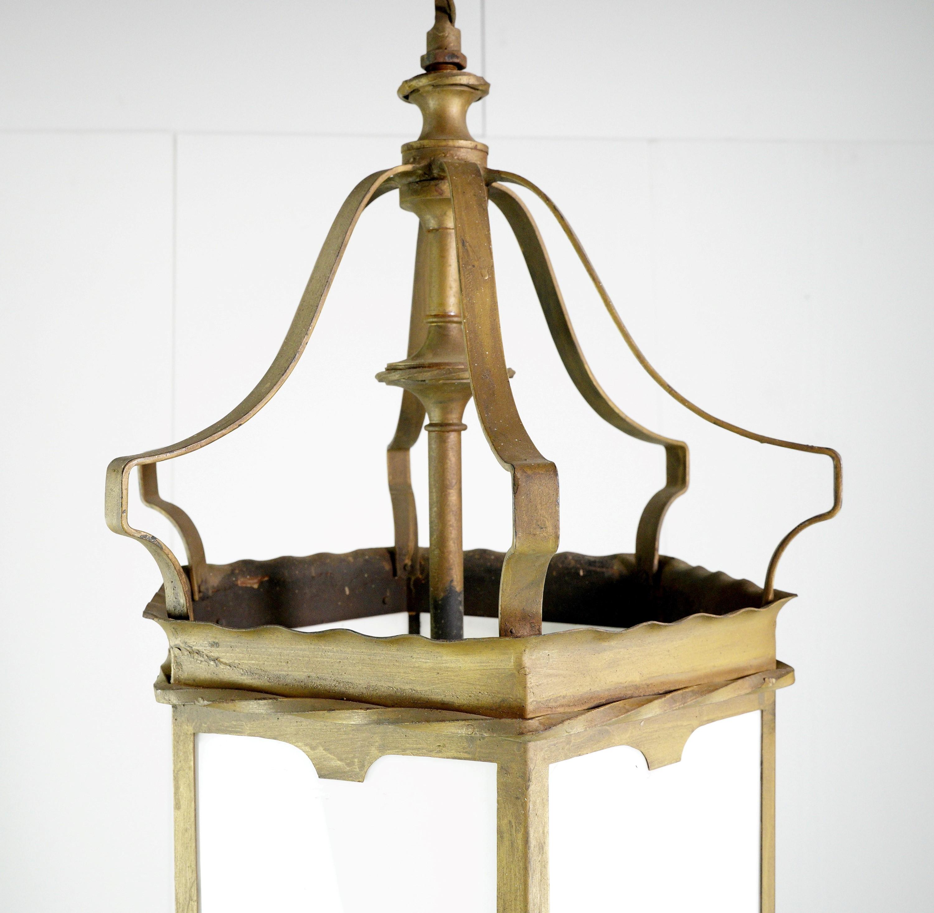 20th Century Gold Painted Hanging Lantern White Glass Panels  For Sale