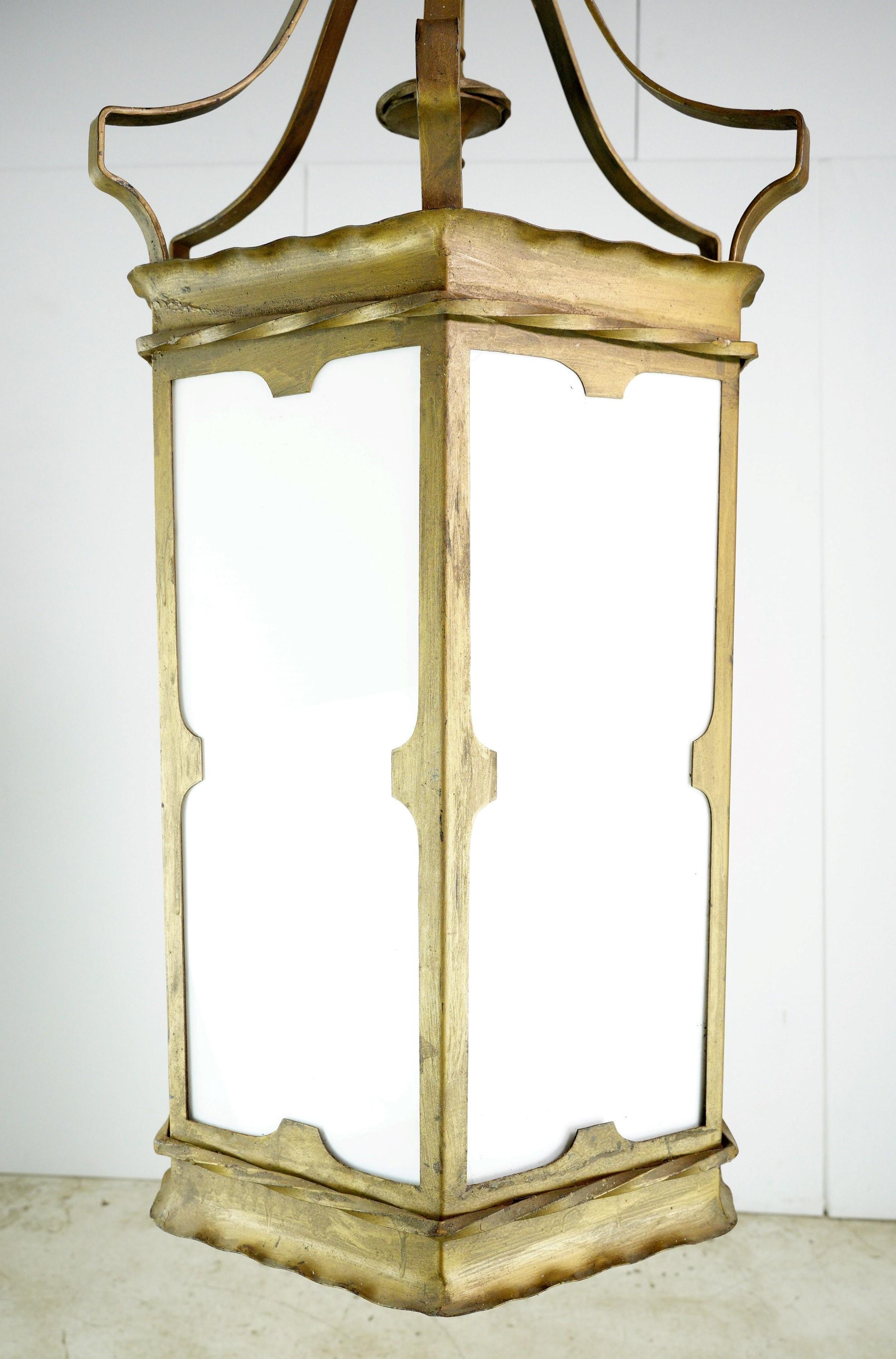 Steel Gold Painted Hanging Lantern White Glass Panels  For Sale