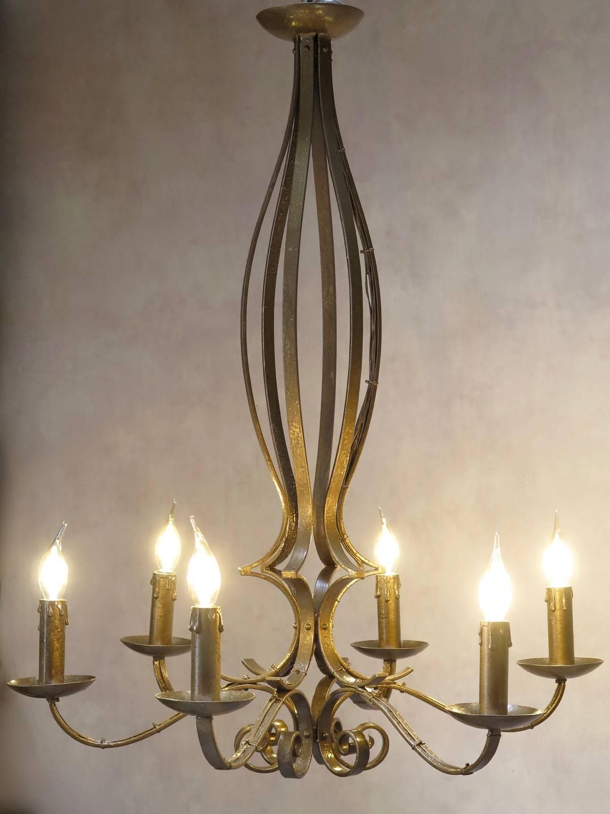 Art Deco Gold-Painted Iron Chandelier, France, 1940s For Sale