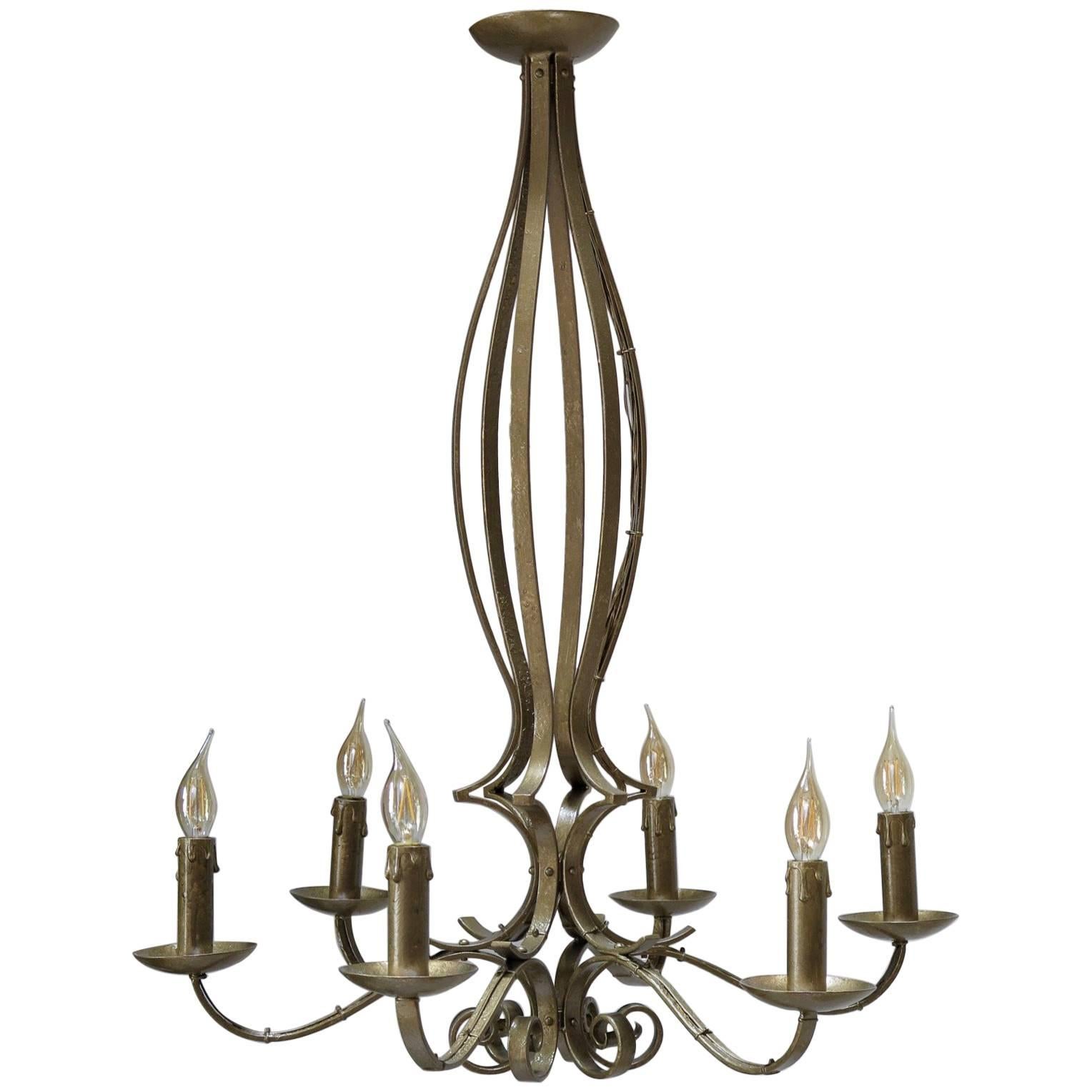 Gold-Painted Iron Chandelier, France, 1940s For Sale