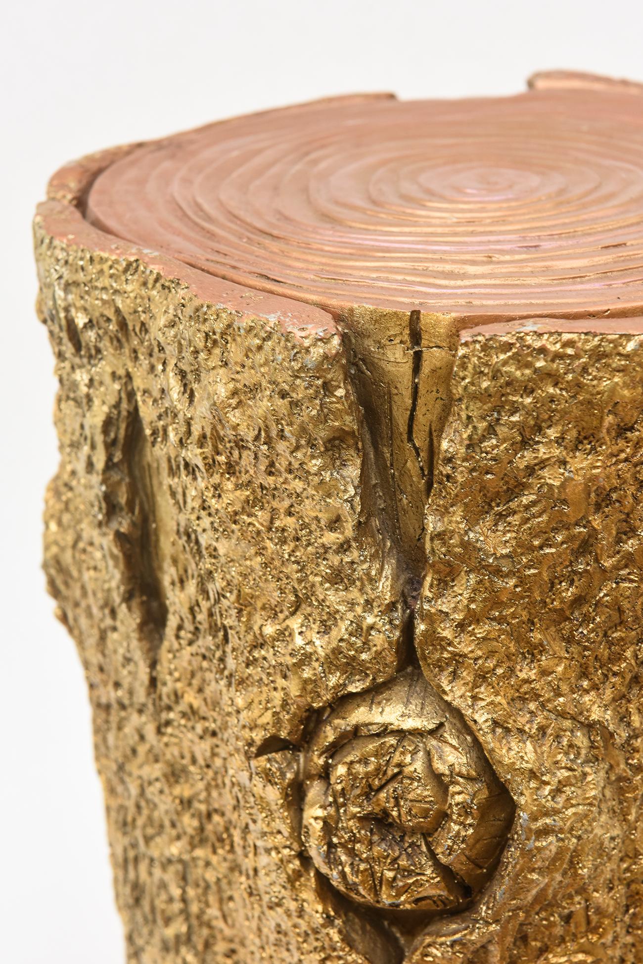 American Gold Painted Resin Plaster Composition Tree Stump Stool or Side Table Sculpture