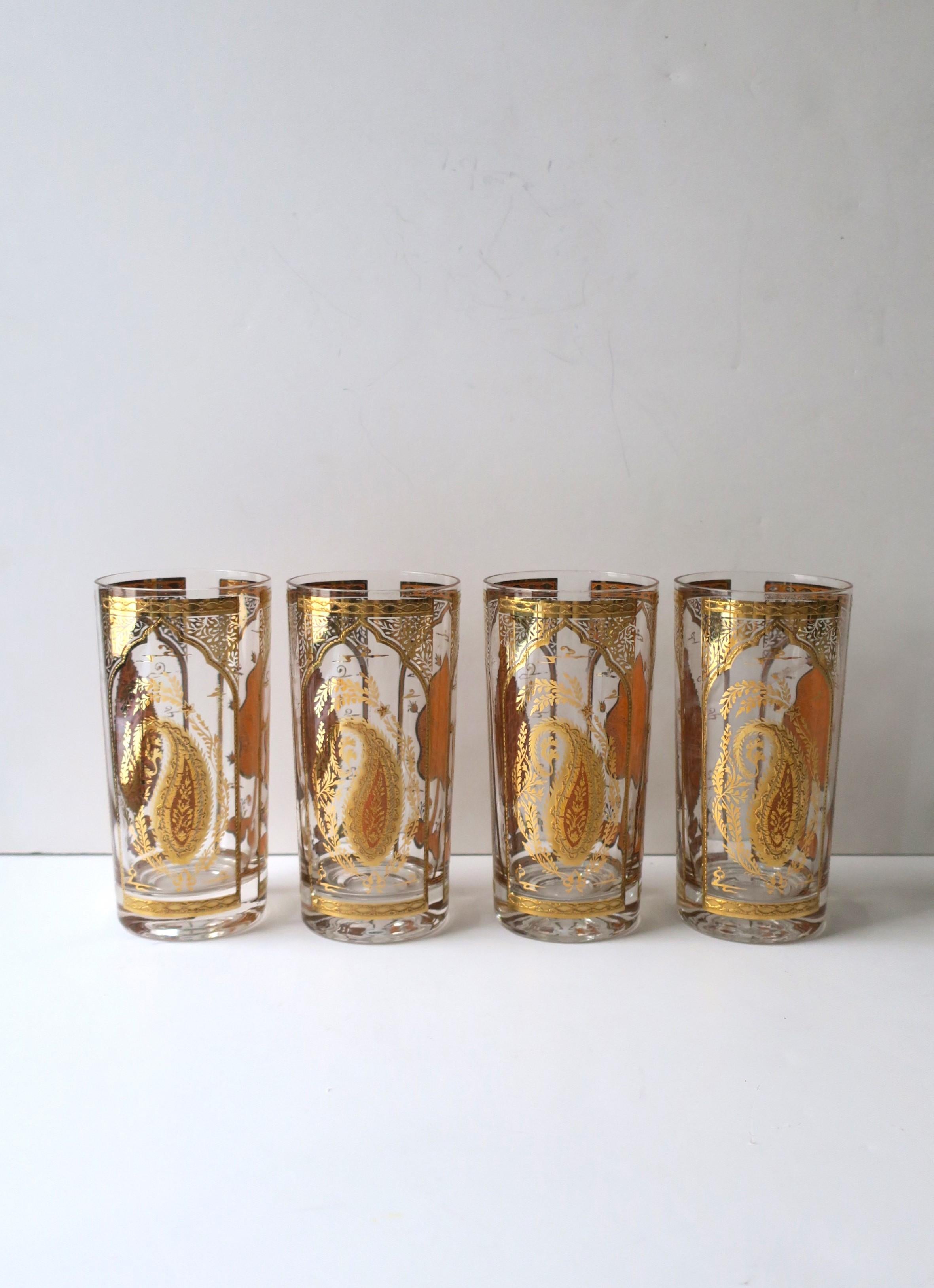 Moorish Gold Paisley Moroccan Highball Cocktail Glasses by Culver, Set of 4 For Sale