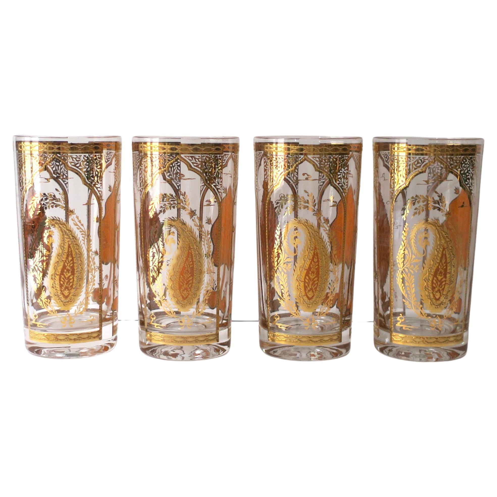 Gold Paisley Moroccan Highball Cocktail Glasses by Culver, Set of 4 For Sale