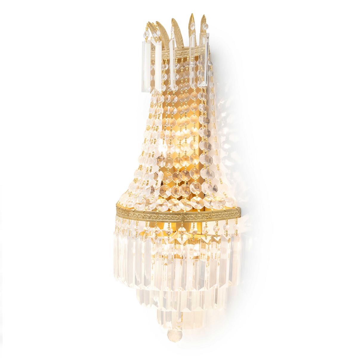 Wall lamp gold palace with structure in solid 
bronze. With 3 bulbs. With clear glass pendants.