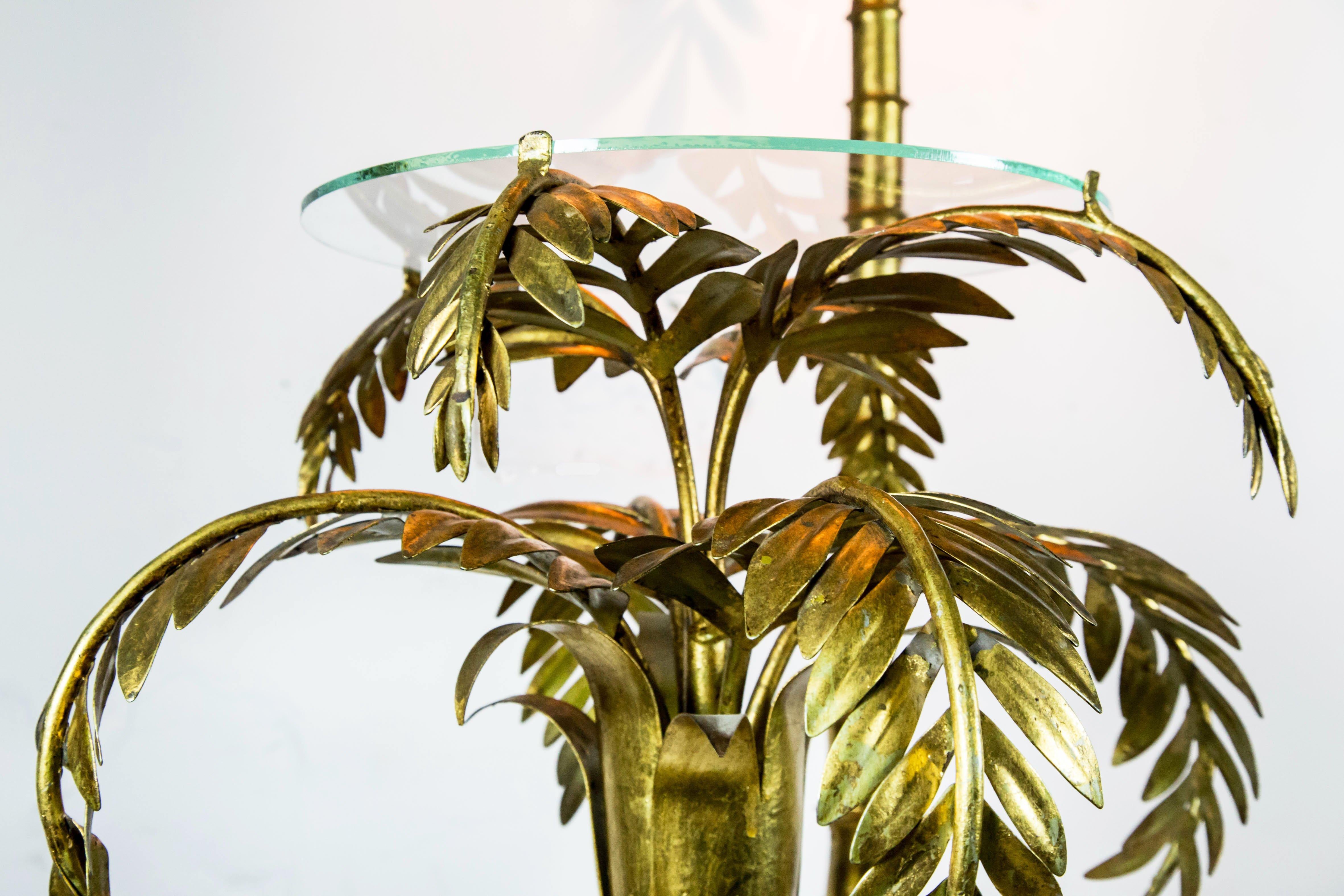 Gold Palm Tree Lamp with coloured Glass Shades & Shelf, 1950s, Italian Regency 2