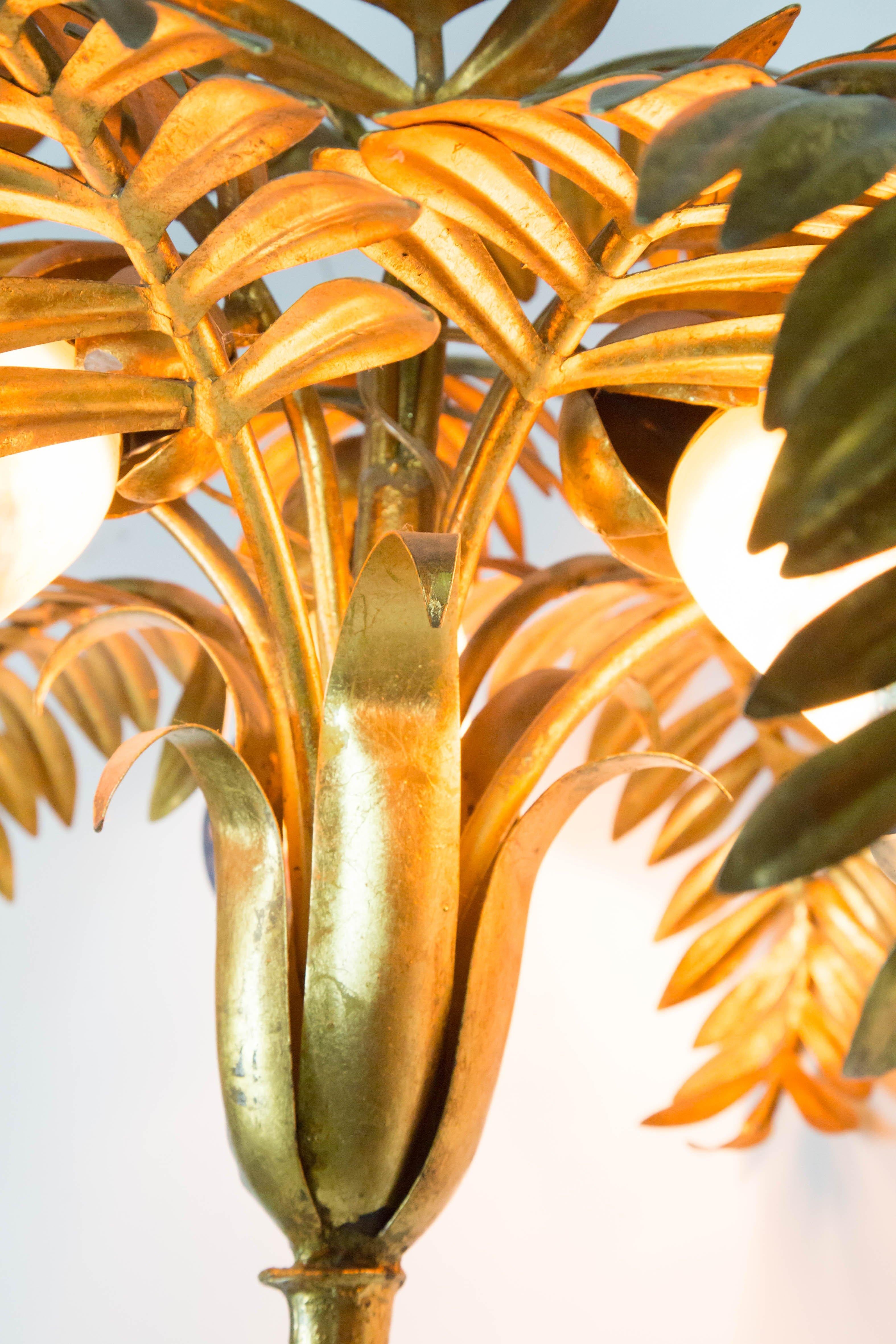 Gold Palm Tree Lamp with coloured Glass Shades & Shelf, 1950s, Italian Regency 3