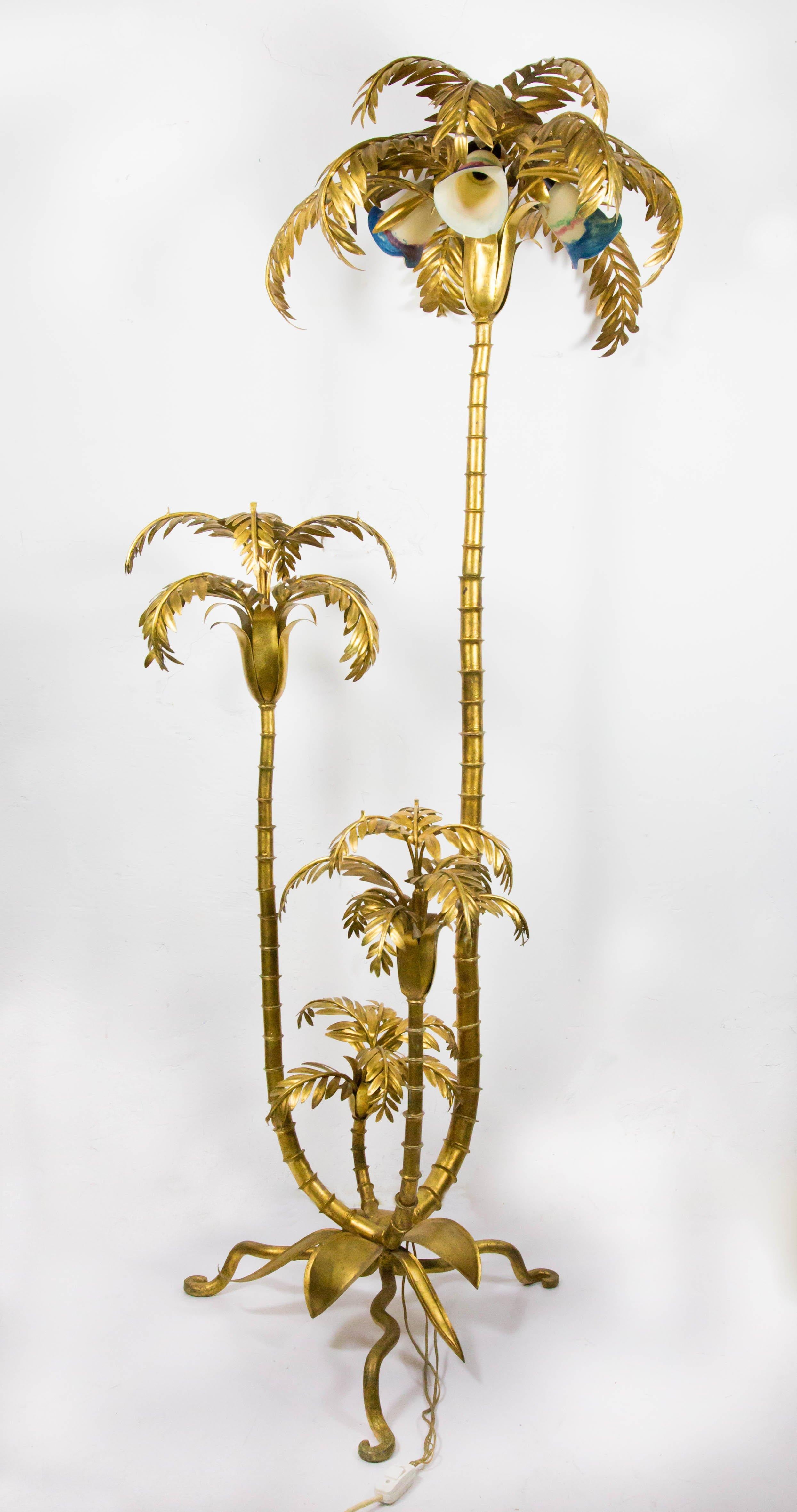 Gold Palm Tree Lamp with coloured Glass Shades & Shelf, 1950s, Italian Regency 5