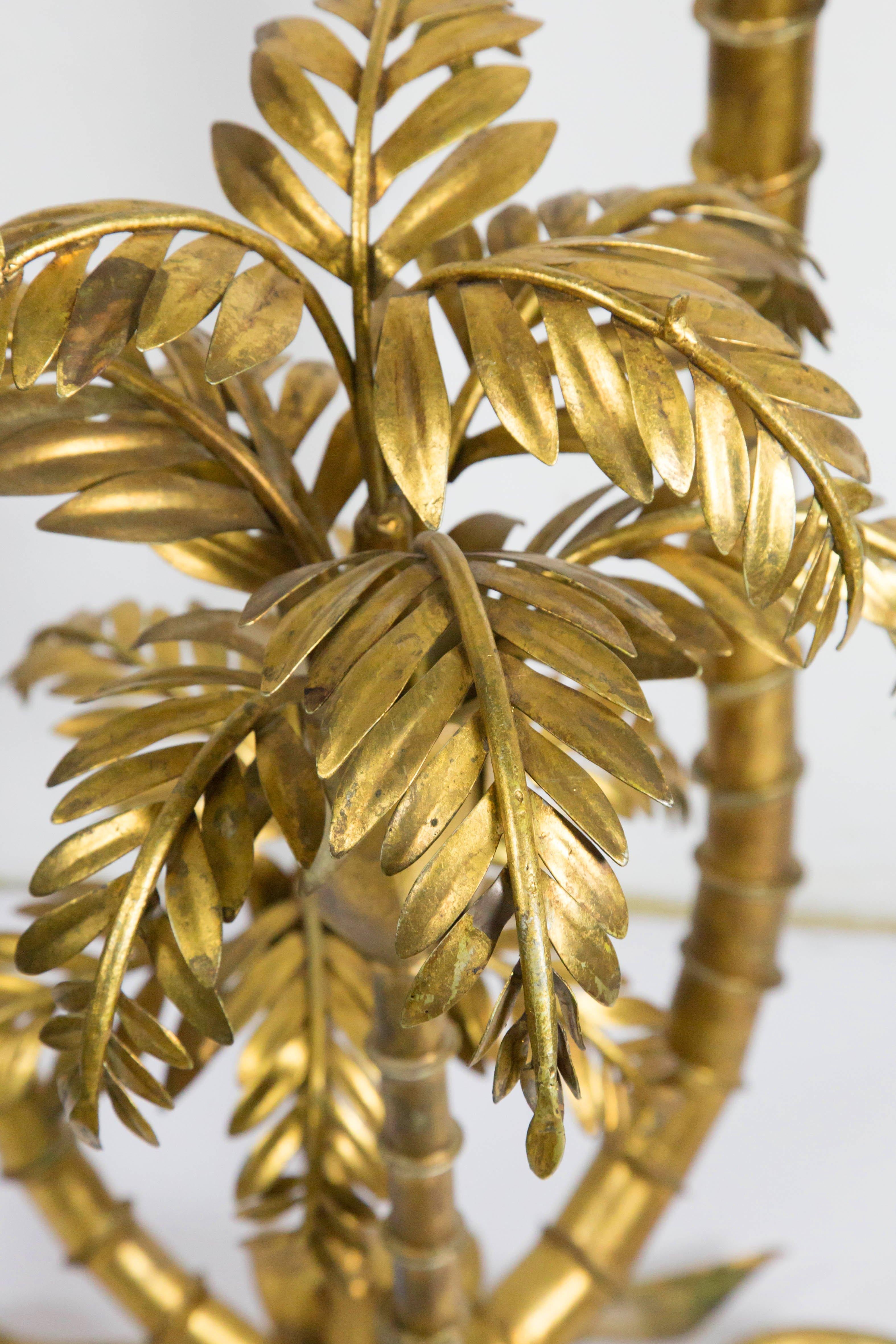 Gold Palm Tree Lamp with coloured Glass Shades & Shelf, 1950s, Italian Regency In Good Condition In Budapest, HU
