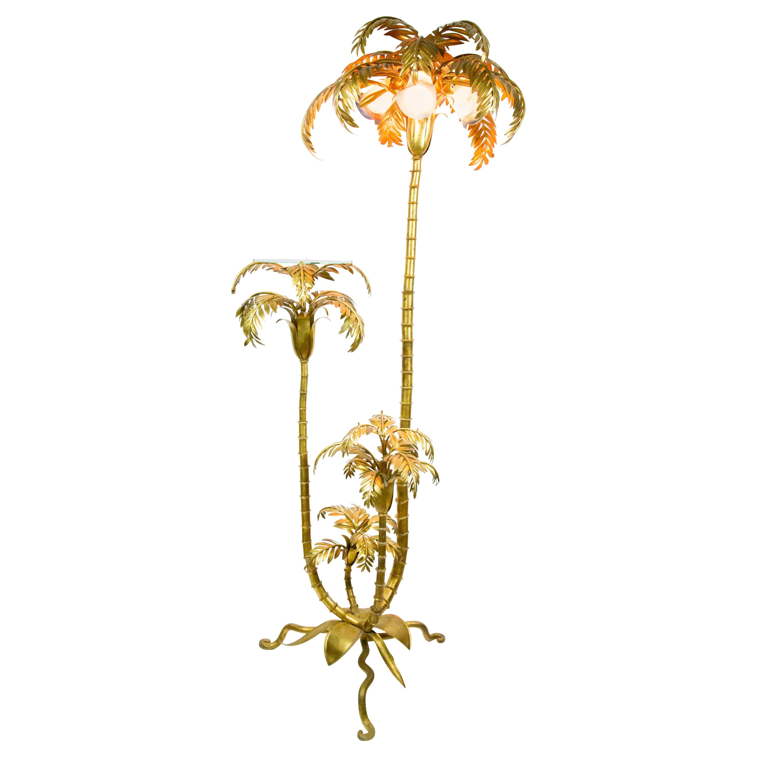 Gold Palm Tree Lamp with coloured Glass Shades & Shelf, 1950s, Italian Regency