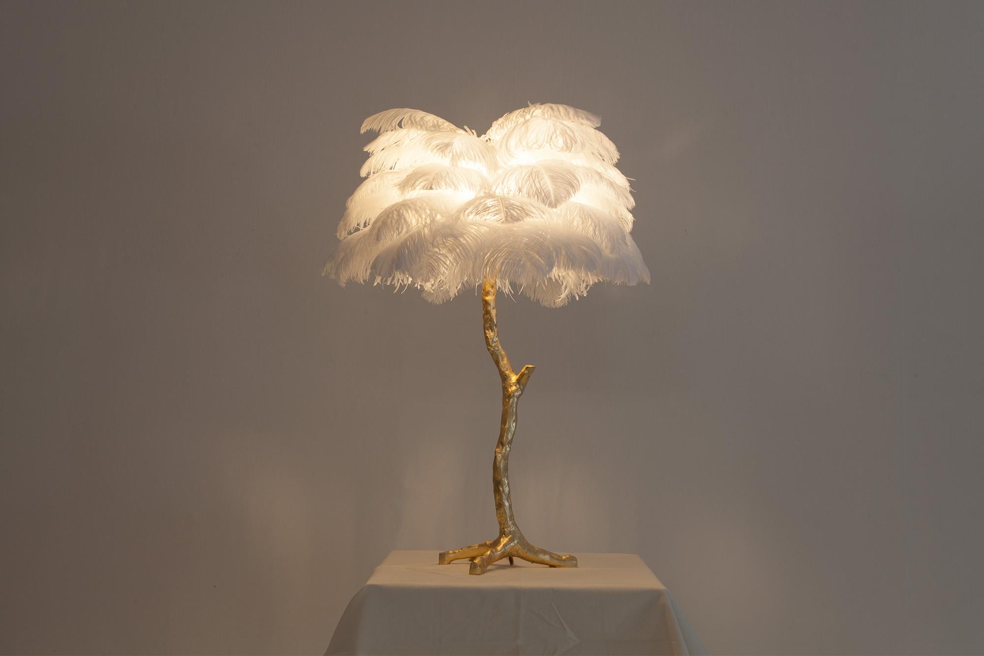 Hollywood Regency Gold Palm Tree Lamp with White Feathers