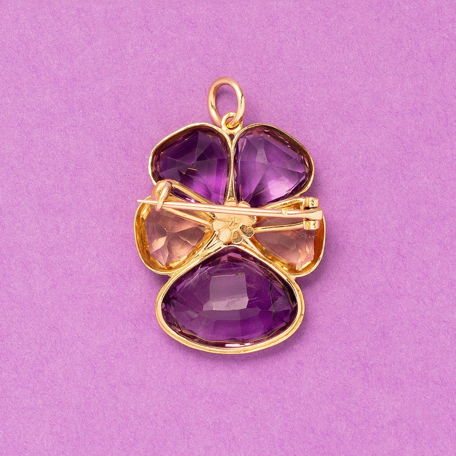 Georgian Gold pansy pendant or brooch with diamond, citrine and amethyst For Sale
