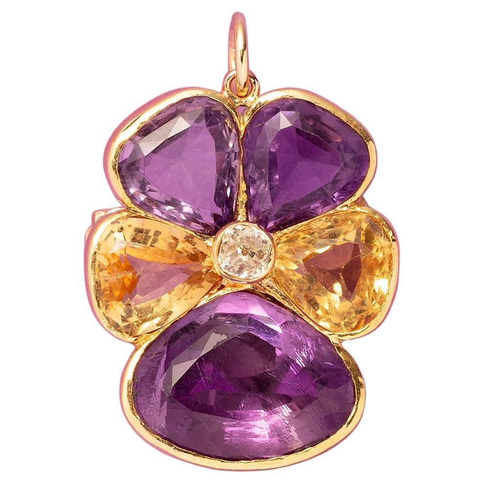 Gold pansy pendant or brooch with diamond, citrine and amethyst For Sale