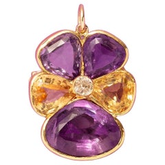 Gold pansy pendant or brooch with diamond, citrine and amethyst