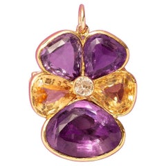 Pendentif ou broche pansy en or avec diamant, citrine et améthyste