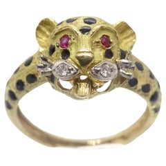 Retro Gold Panther Ring after Cartier Maison , diamands, ruby