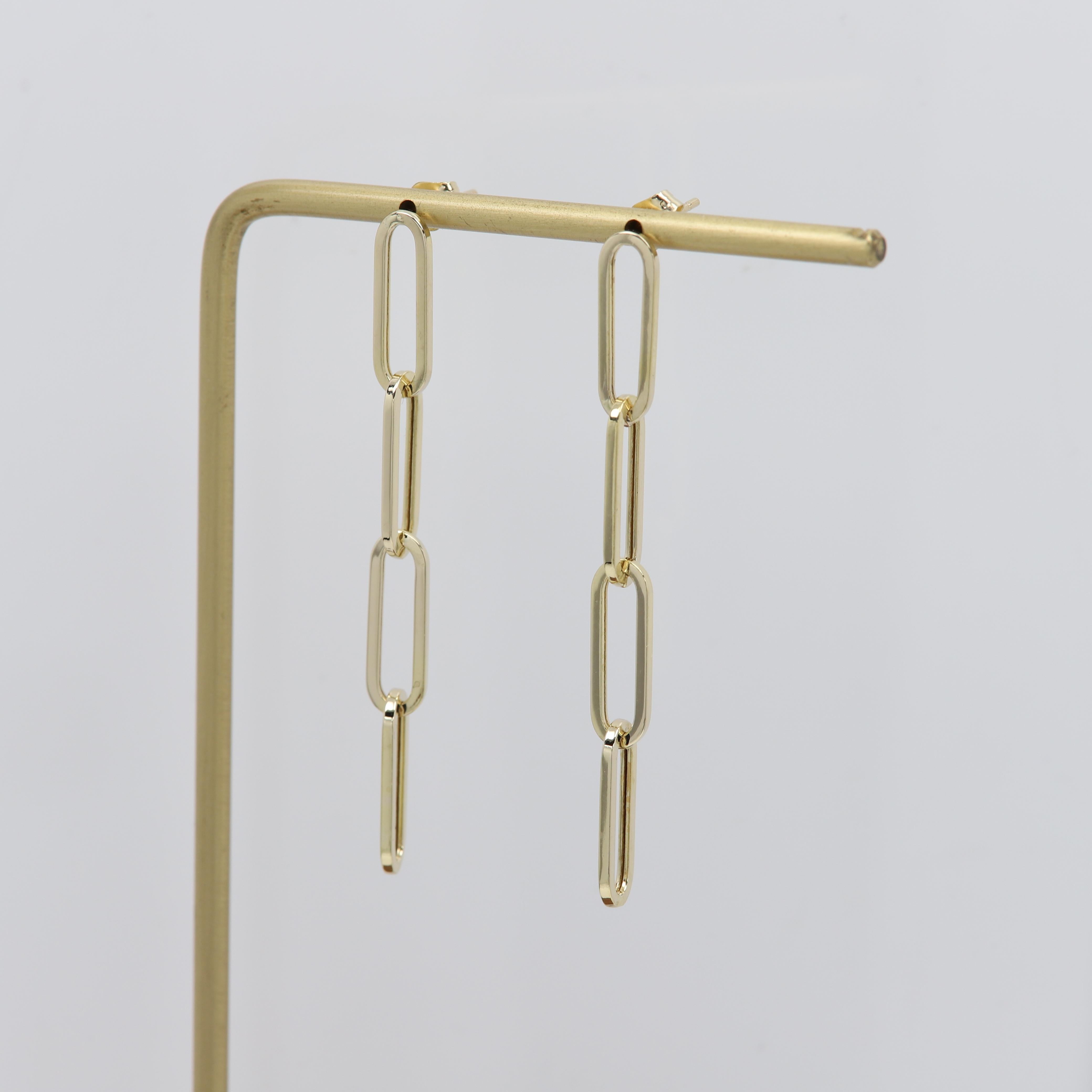 Dangle Paperclip Earring 14 Karat Yellow Gold Dangle Earrings 5mm width For Sale 2