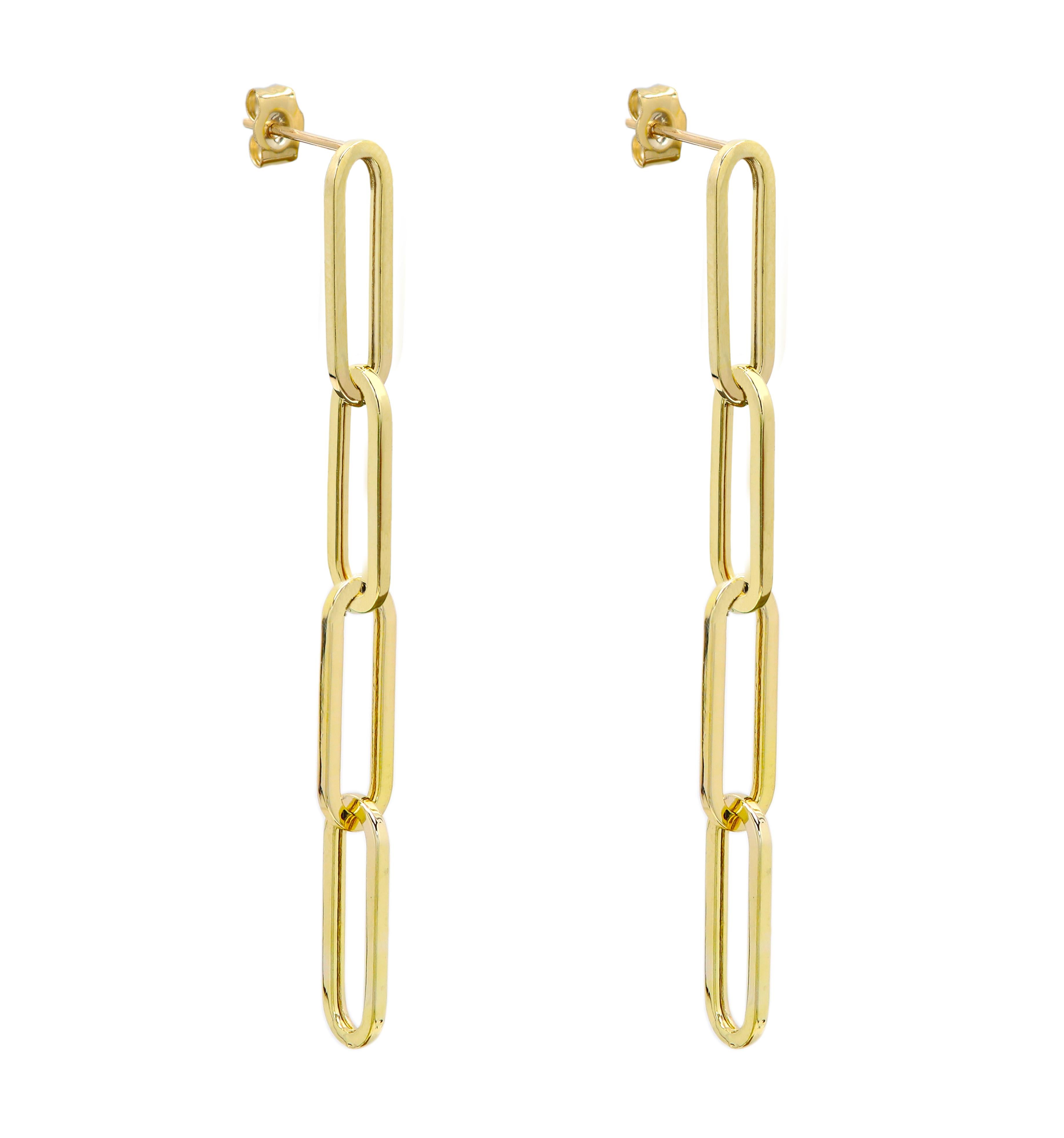 Dangle Paperclip Earring 14 Karat Yellow Gold Dangle Earrings 5mm width For Sale 6